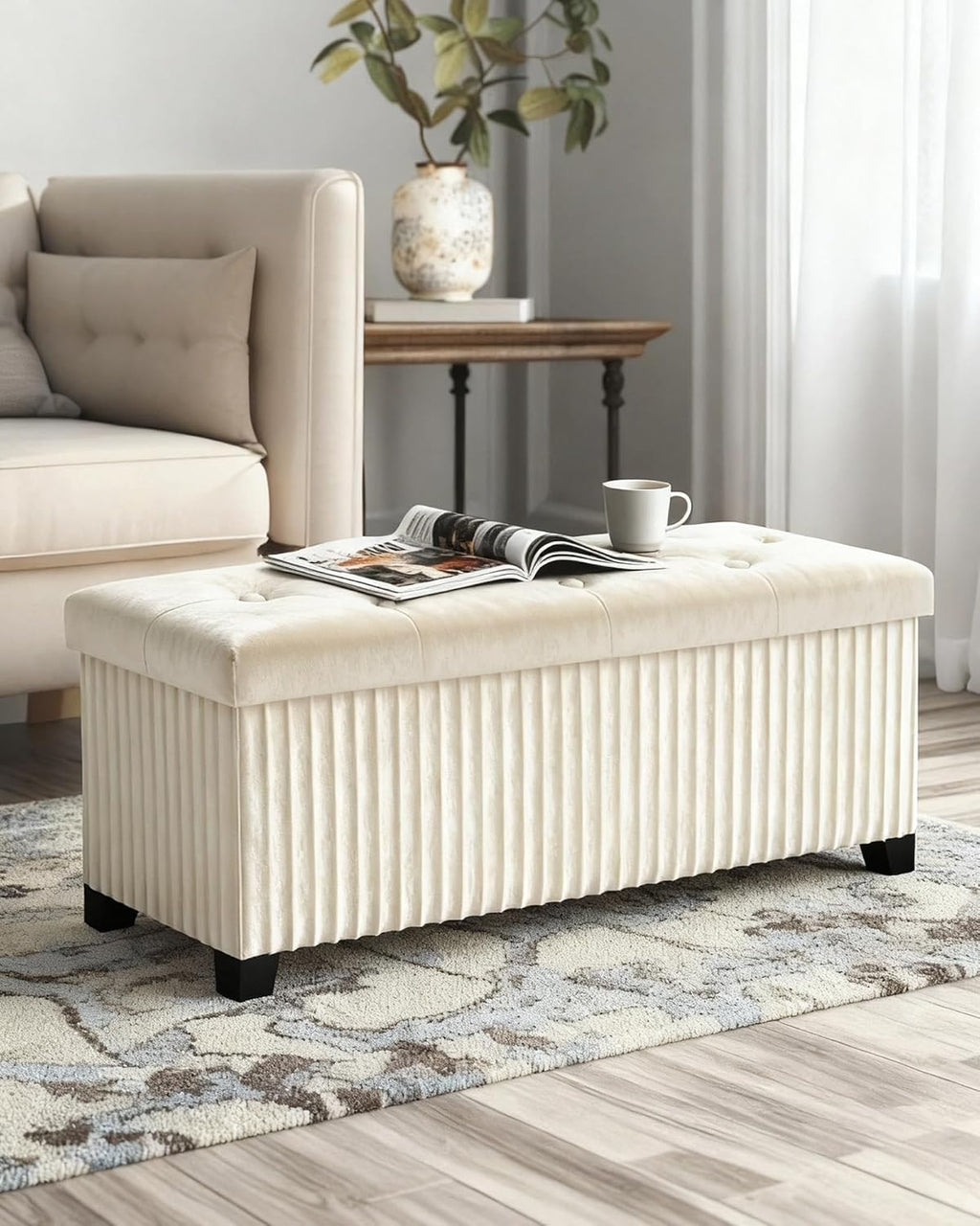 Storage Ottoman Bench, 43 Inch Foldable Ottoman with Legs, Velvet Foot Rest Stool, End of Bed Bench, Storage Chest for Living Room, Bedroom (Beige)
