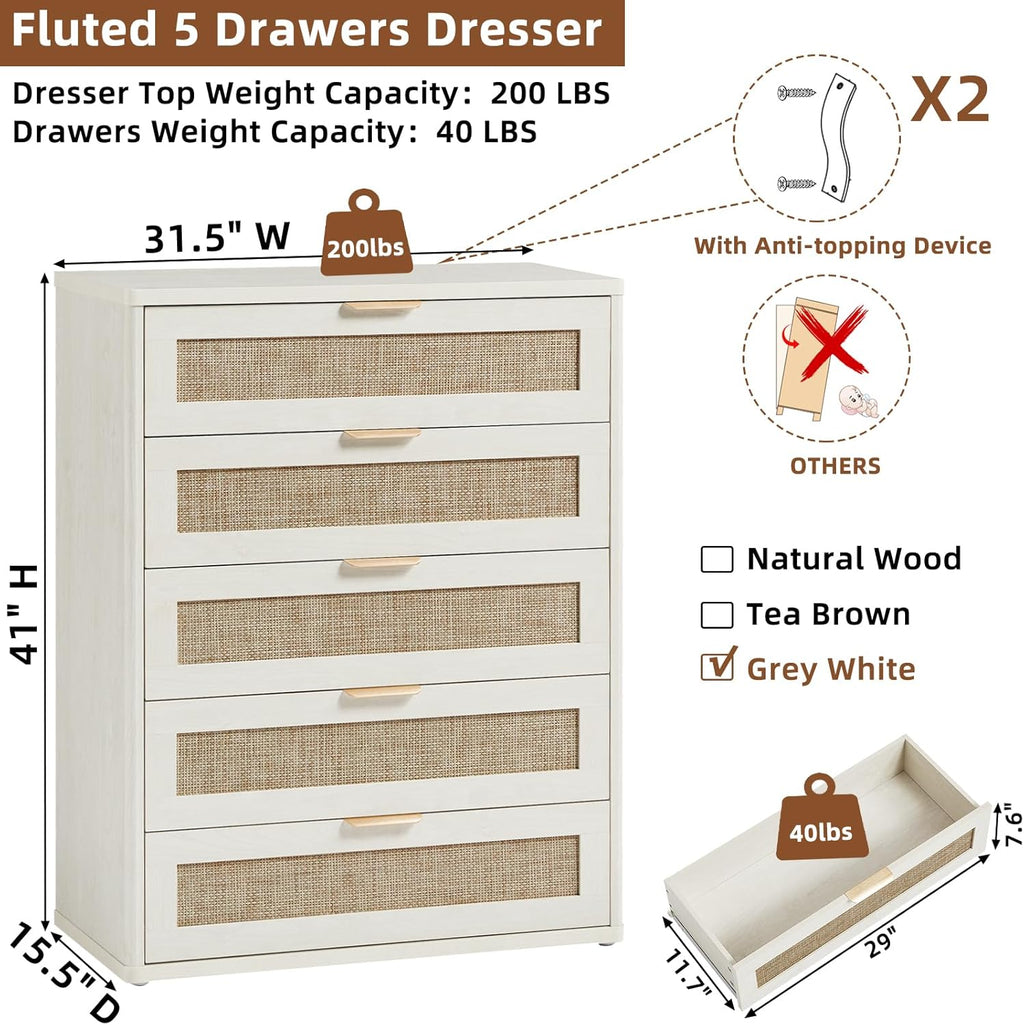 LEYAOYAO White Dresser for Bedroom, 41" Tall Chest of Drawers, Modern 5 Drawers Boho Rattan Dressers with Storage, Dresser Wooden Closet Organizer for Living Room, Hallway