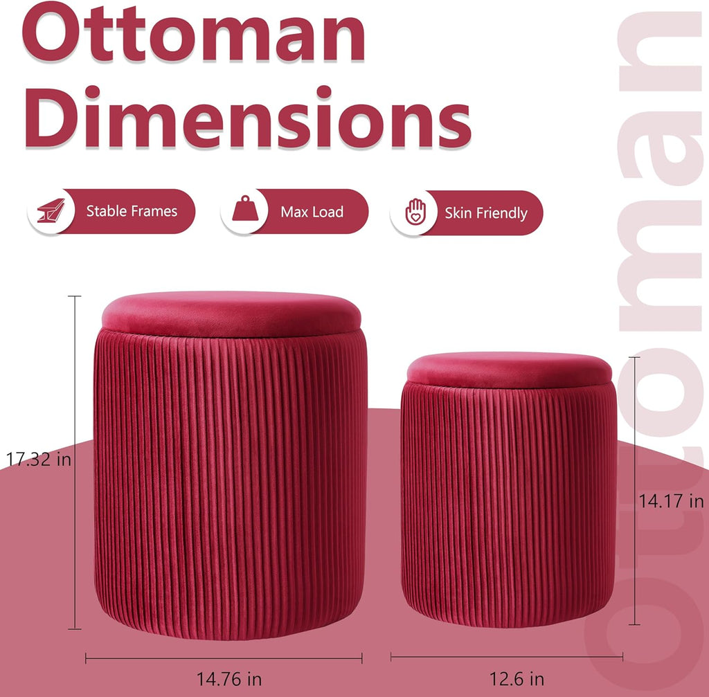 Royal Windsor Round Ottoman with Storage Set of 2,Vanity Stool with Storage for Bedroom, Ottoman Coffee Table,Small Velvet Foot Stool for Living Room, Burgundy