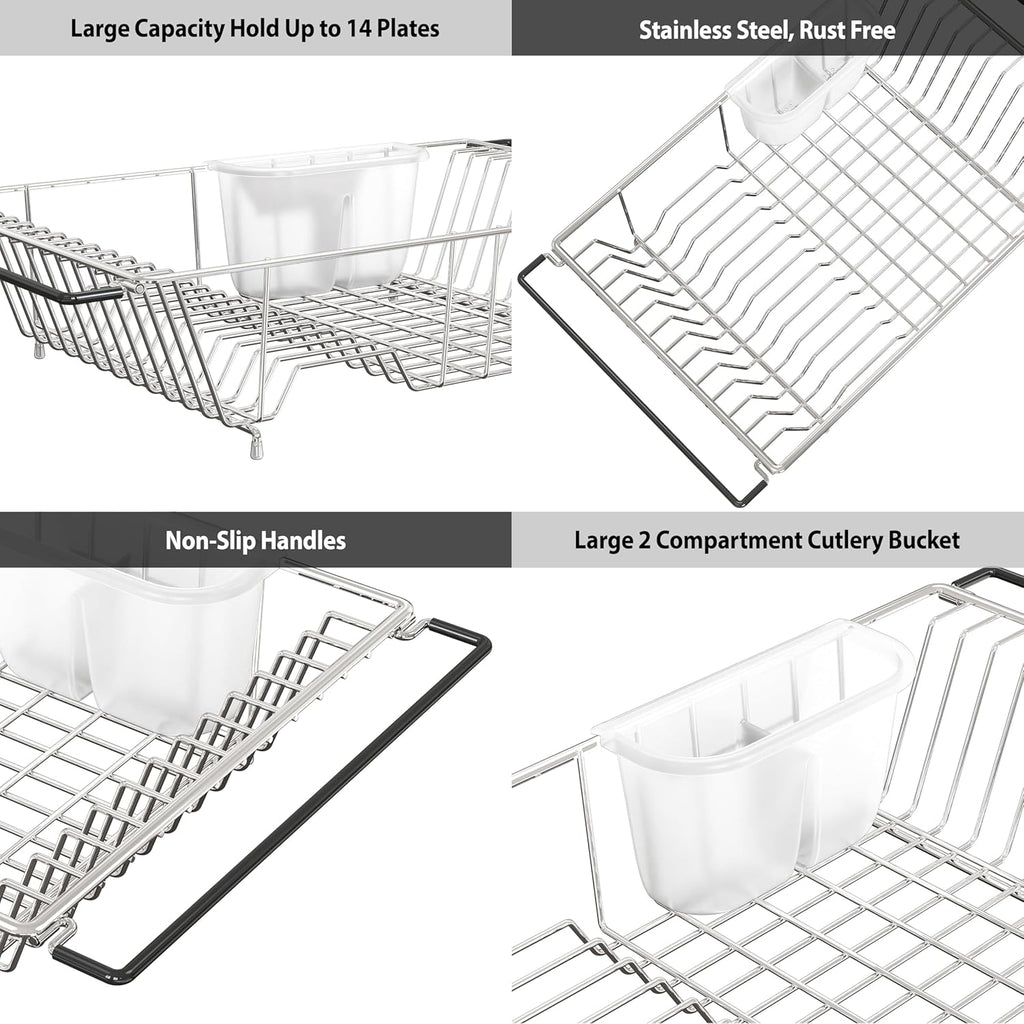SIMPLE HOUSEWARE Large Over Sink Counter Top Stainless Steel Dish Drainer Drying Rack with Utensil Holder, Chrome
