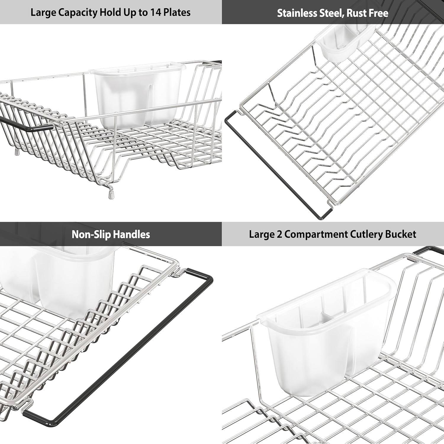 SIMPLE HOUSEWARE Large Over Sink Counter Top Stainless Steel Dish Drainer Drying Rack with Utensil Holder, Chrome