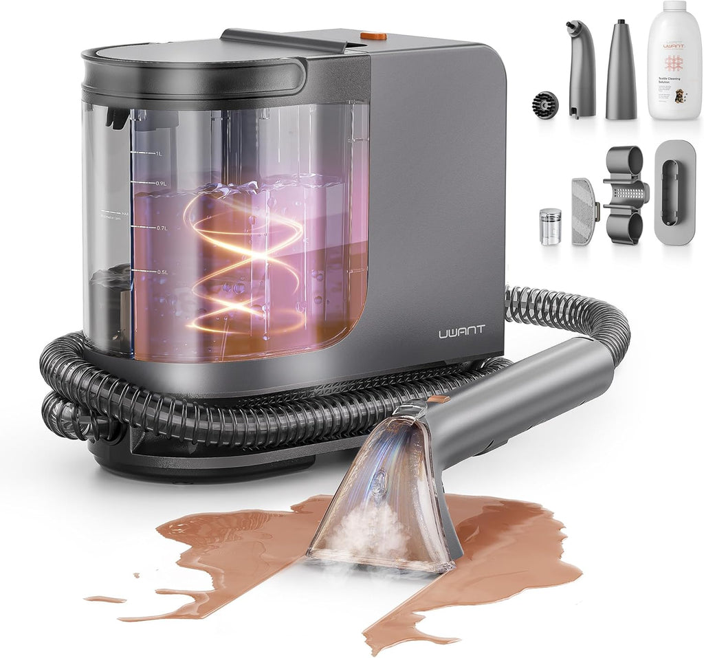 uwant Portable Carpet Cleaner with Steam& Heating System 18Kpa Powerful Suction Carpet Cleaner with 4 Cleaning Tools& Solution 2 in 1 Upholstery Cleaner Steam Cleaner for Pets, Car