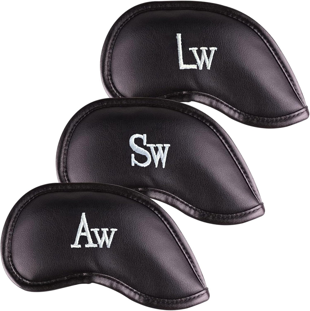 Premium Magnetic Leather Iron and Wedge Golf Club Head Covers | Set of 10 | Fits Most Clubs | Embroidered Club Label on Both Sides of Club Head Cover