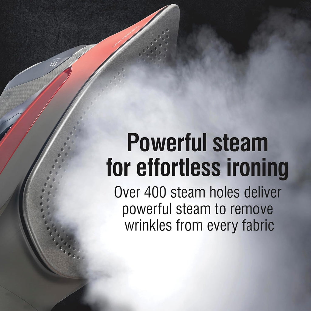CHI Steam Iron for Clothes with 8’ Retractable Cord, 1700 Watts, 3-Way Auto Shutoff, 400+ Holes, Professional Grade, Temperature Control Dial, Lava Infused Ceramic Soleplate, Black (13113)
