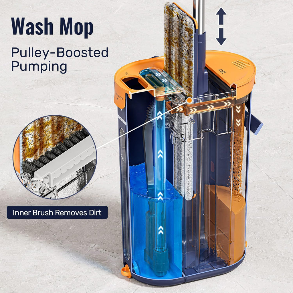 Mop and Bucket Set with Wringer, 3-Tank Flat Mop and Bucket System, Wall Mop Cleaner with Long Handle, Hands Free Mops for Floor Cleaning with 4 Microfiber Pads