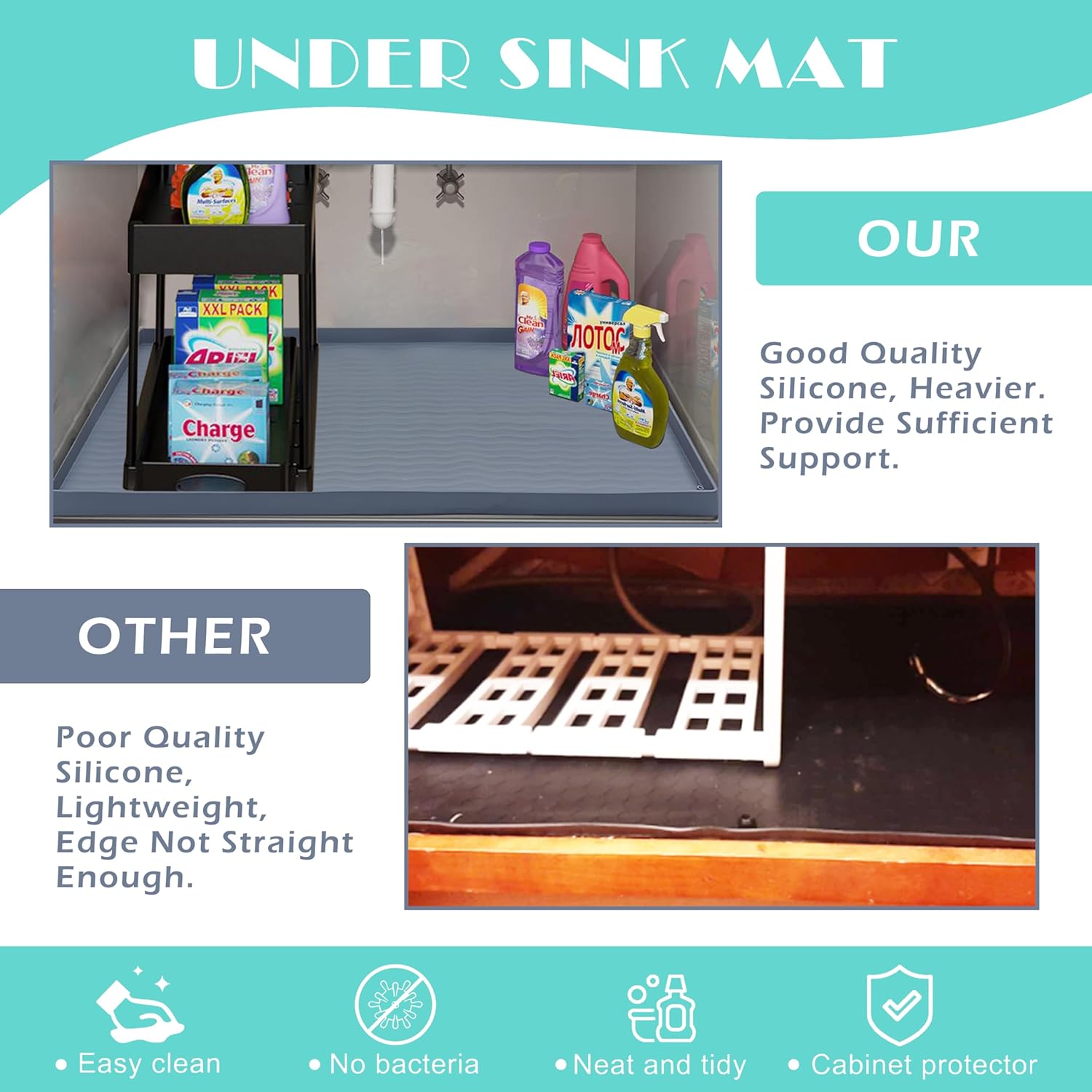 URMONA Waterproof Silicone Under Sink Mat 37'' x 22'' Shelf Liner for Kitchen and Bathroom, Cabinet and Counter Protector, Storage and Organizers, Litter Mat, Pet Cat Puppy Essentials(Light Grey)