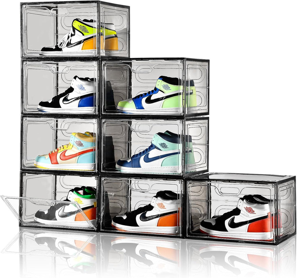 New Gray 8 Pack Shoe Boxes Stackable, Large Shoe Storage Organizer with Lids,Drop Side Shoe Containers for Entryway,Sneaker Storage Fit up to US Size 13 for Men/Women(13’’x 10.6”x 8.3”)