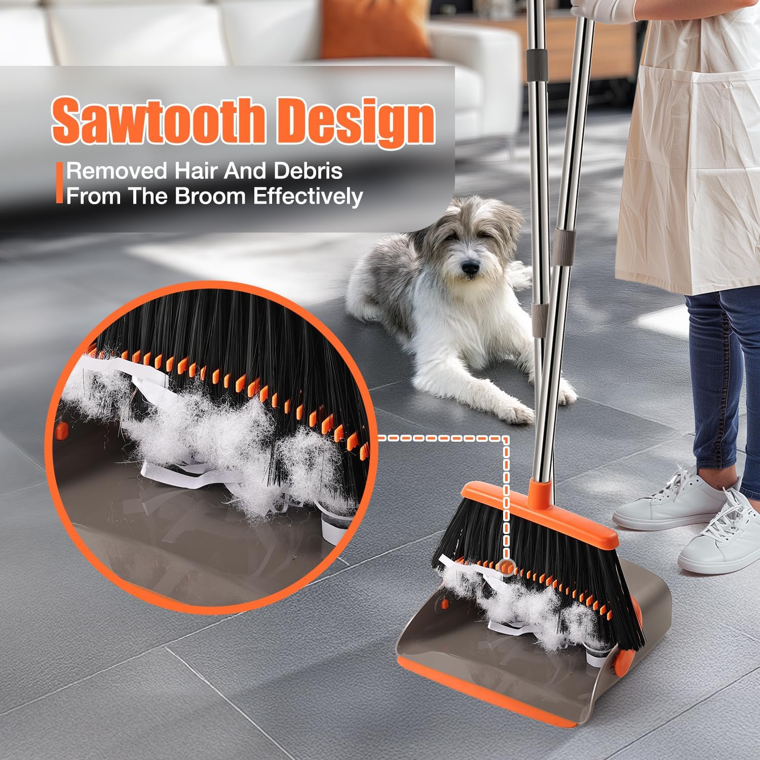 Broom and Dustpan Set, Upgraded Large Broom with Dustpan Combo Set with 56" Tall Adjustable Handle, Self-Cleaning Teeth, Upright Standing Dust Pan for Heavy Duty Indoor Outdoor Cleaning and Pet Hair