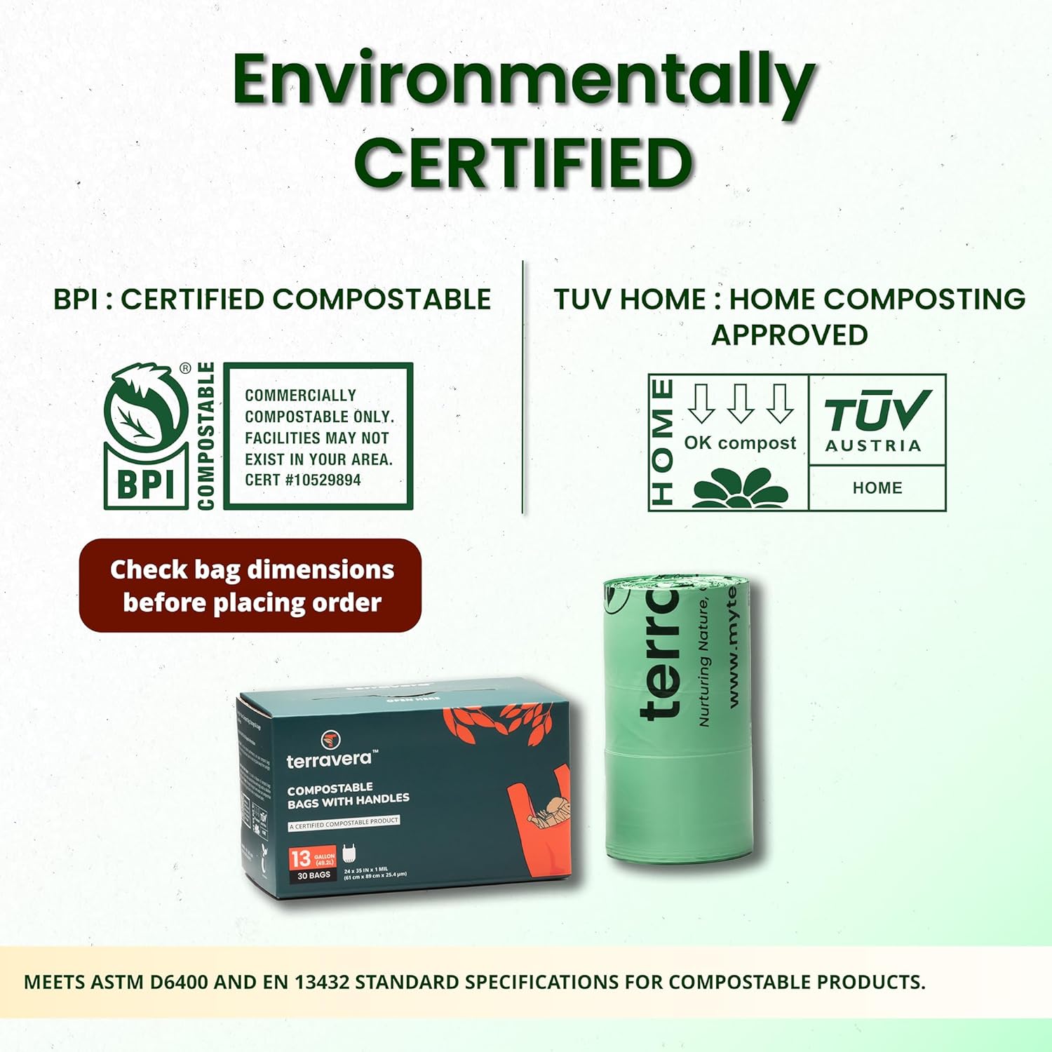 13 Gallon Compostable Trash Bags - Handle Tie | Extra Thick 1 mil|BPI & OK Home Certified ASTM D6400 Standards | Food Scraps, Kitchen Trash, Home & Yard Waste Bags | 30 Count compost bags