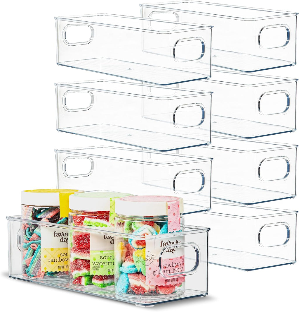 Plastic Food Storage 8 Pack Clear Container Bin with Handles for Organizing Kitchen, Pantry, Fridge, Freezer, Pantry,Bathroom. 10"x4"3"