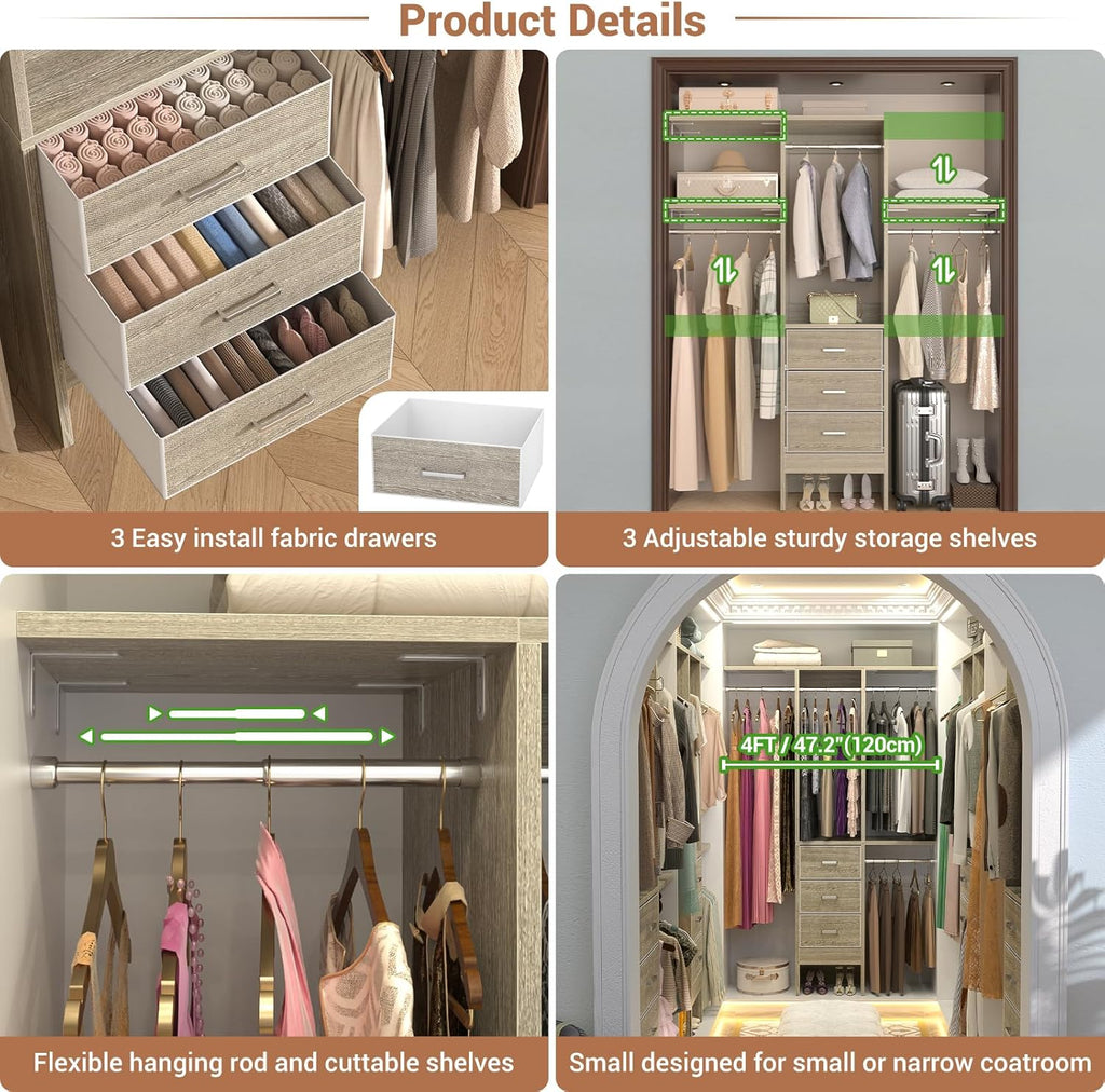 4FT Small Closet System with 3 Fabric Drawers, 48'' Closet Organizer System With 3 Adjustable Shelves, Flexible Built-In Clothes Garment Rack for Small Space, 48"L x 13"W x 71"H, White Oak