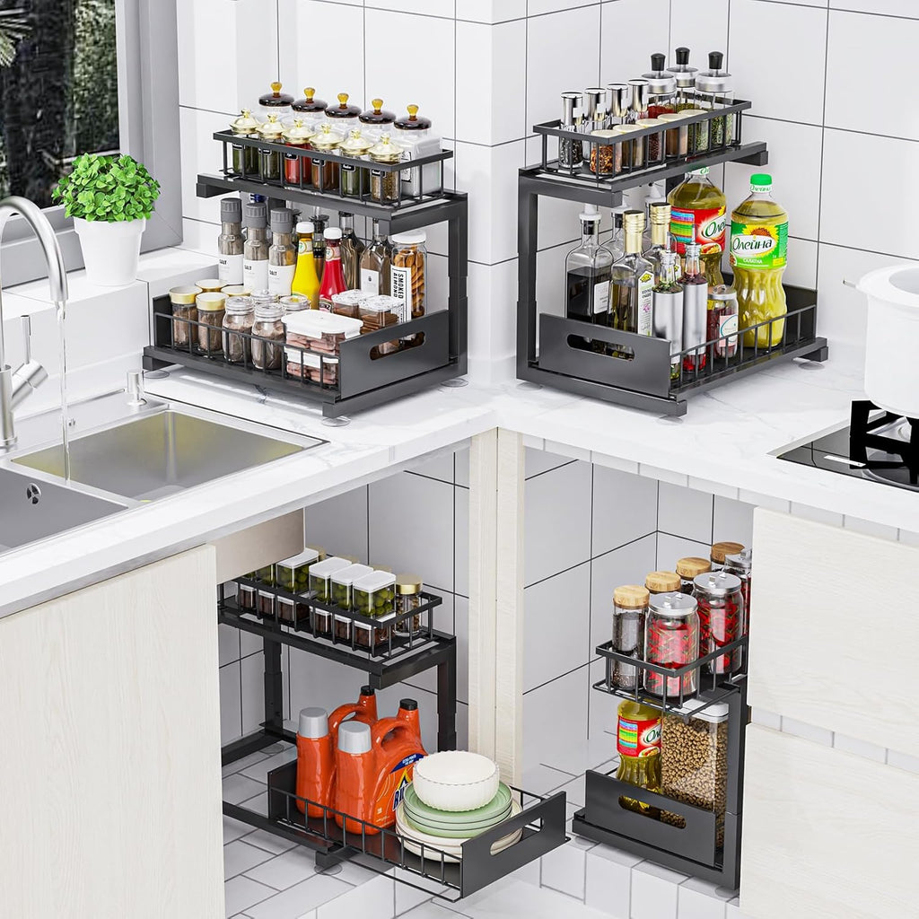 2 Pack Under Sink Organizer, 2-Tier Heavy Duty Metal Pull Out Cabinet Organizer Slide Out Sink Shelf Organizer Height Adustable, Multi-Purpose Storage Shelf for Kitchen Bathroom (Black, 2 Pack)
