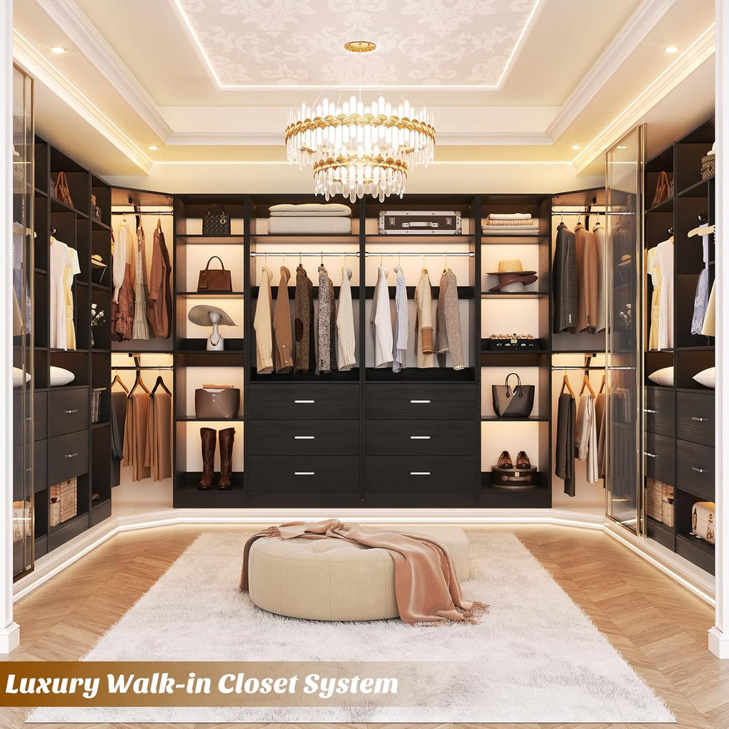 Corner Closet System with 5 Drawers, Closet Organizer System with 15+Shelvess & 4 Hanging Rods, 63.2"L * 63.2"W / 87.2"L * 39.2"W Reversible L Shaped Walk-in Closets, Load 2500+LBS, Black