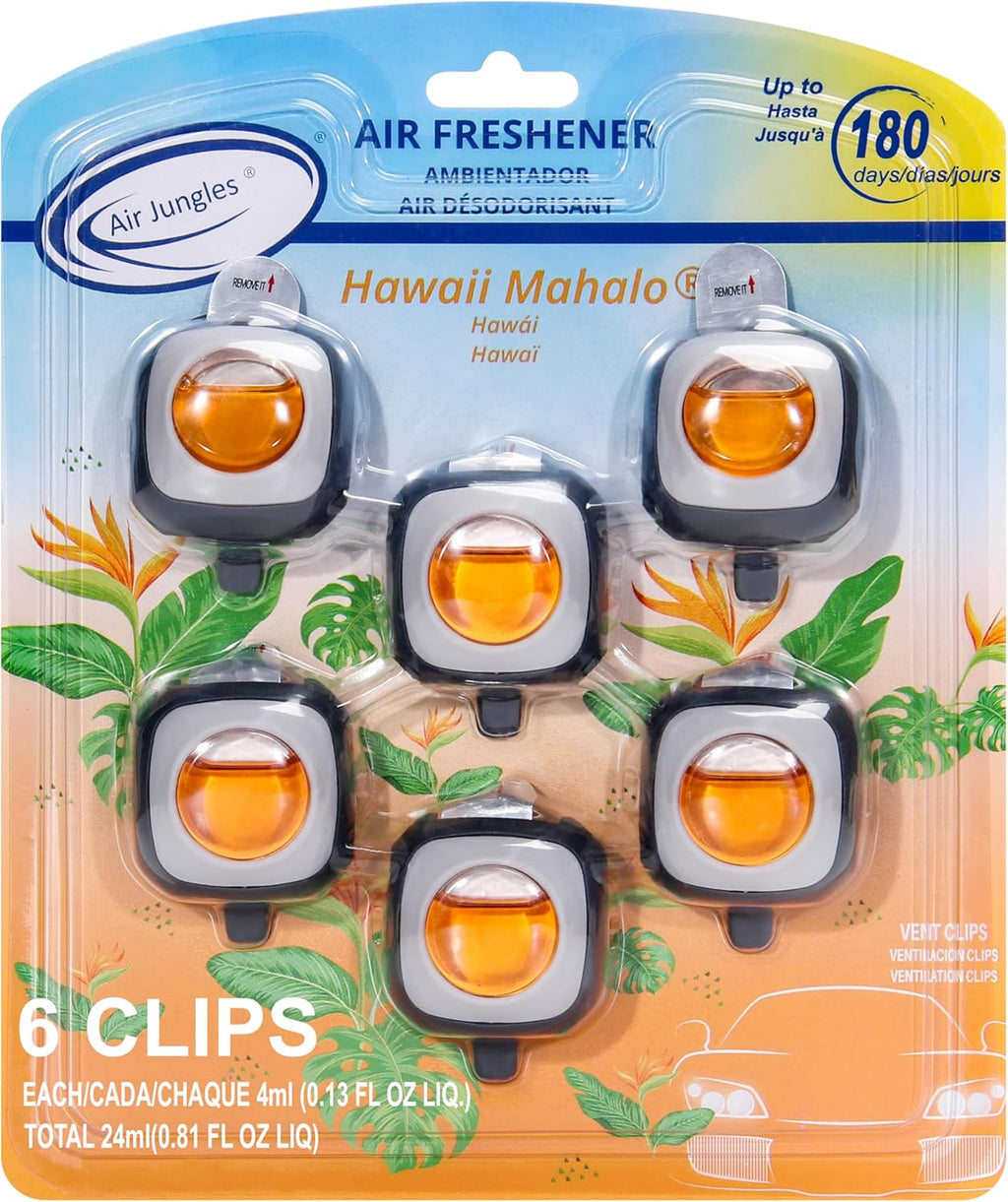 Air Jungles Hawaiian Scent Car Air Freshener Clip, 6 Vent Clips, 4 ml Each, Long Lasting Air Freshener, Up to 180 Days Car Refresher Odor Eliminator