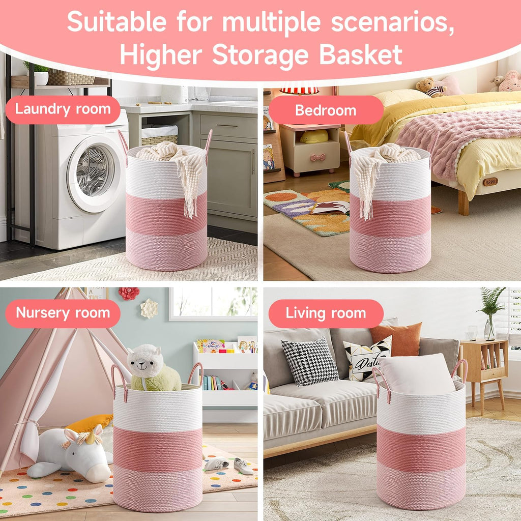 CLHMILY&Z 100L Laundry Basket Round Storage Rope Basket - 18.1x24 Inches - Pink Hamper in Bedreoom and Cute Storage Bin for Blankets, Toys, and Nursery Essentials
