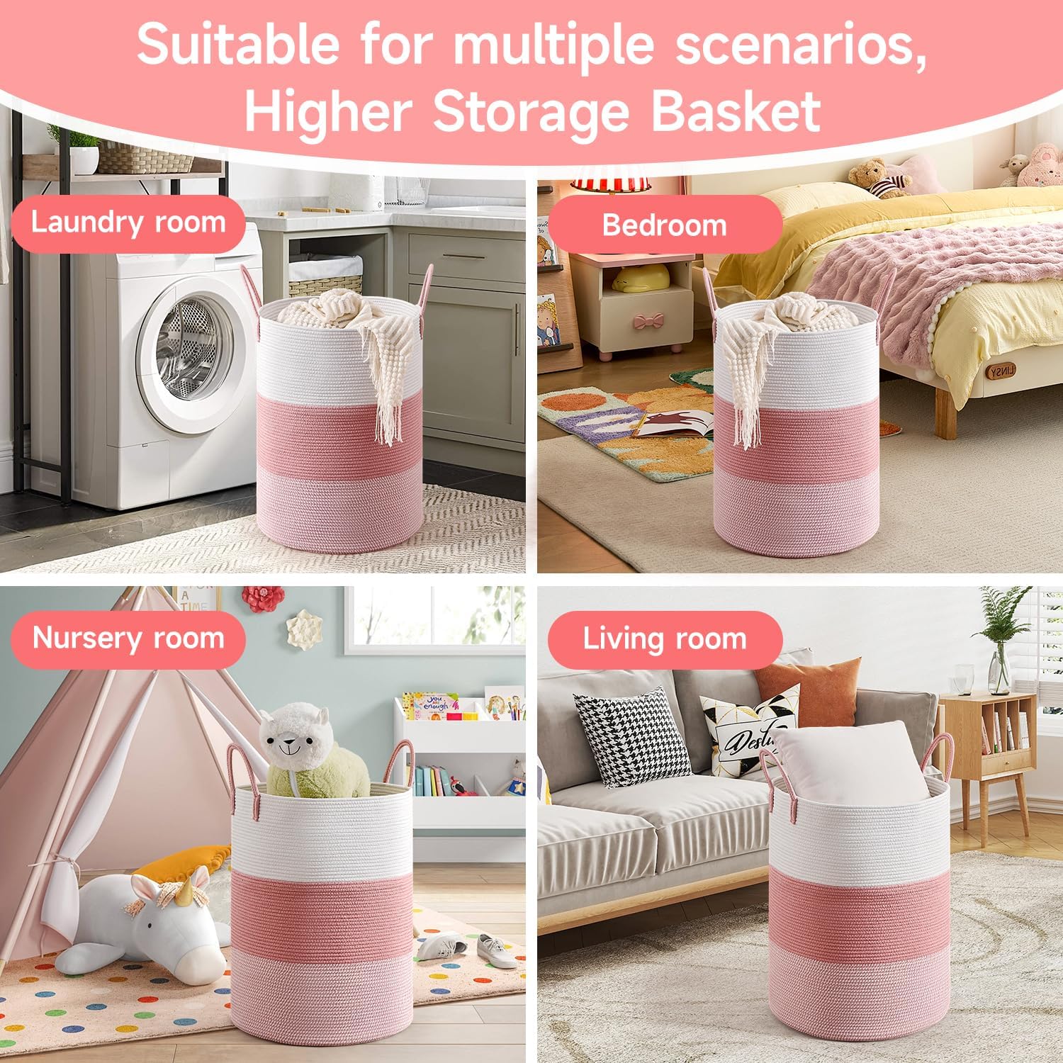 CLHMILY&Z 100L Laundry Basket Round Storage Rope Basket - 18.1x24 Inches - Pink Hamper in Bedreoom and Cute Storage Bin for Blankets, Toys, and Nursery Essentials