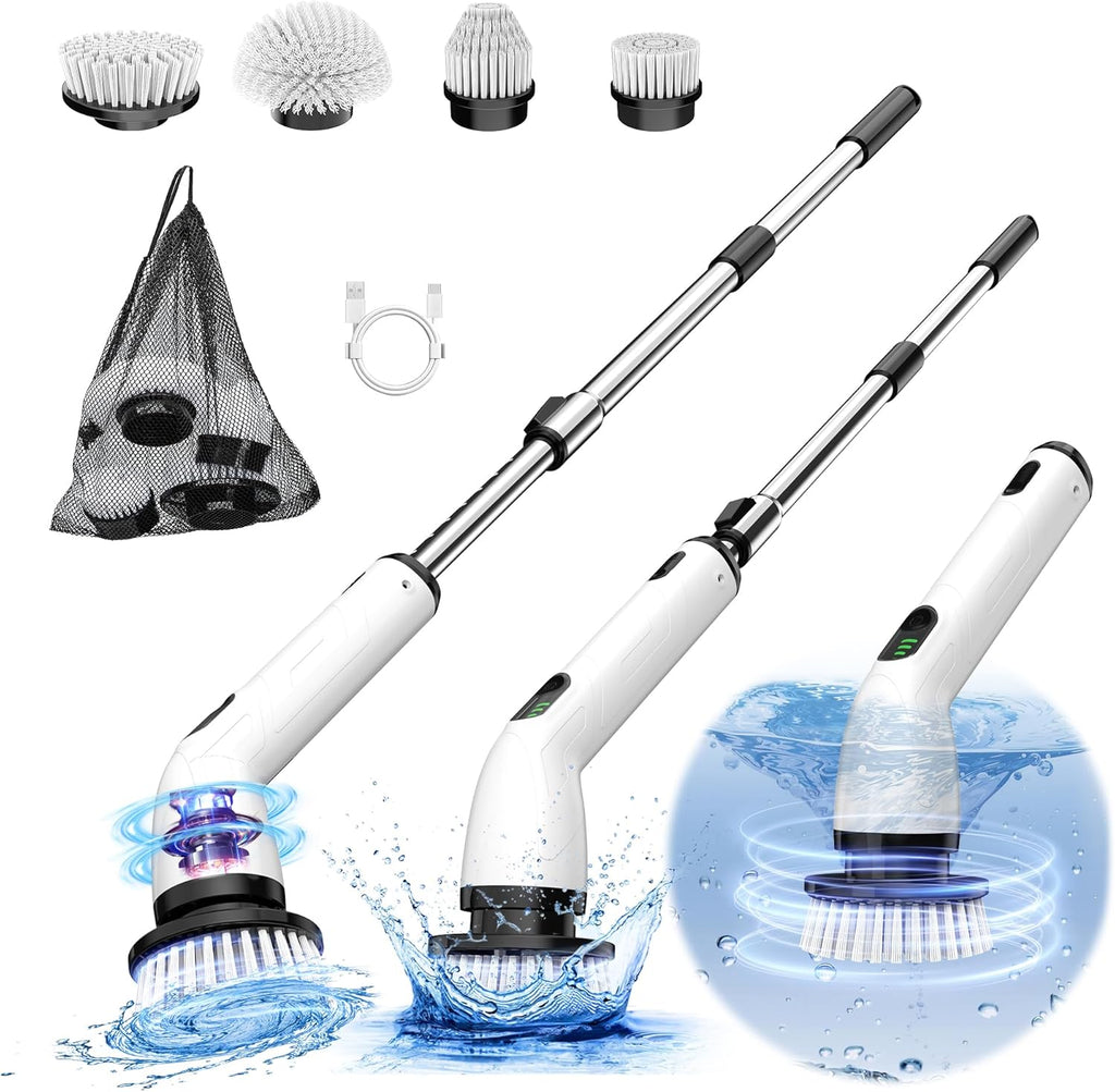 Electric Spin Scrubber, Full-Body IPX7 Waterproof Cordless Shower Scrubber with 4 Replaceable Heads, Upgraded Extension Handle, 2H Work Time, 2 Speeds for Bathroom Shower Tile Glass