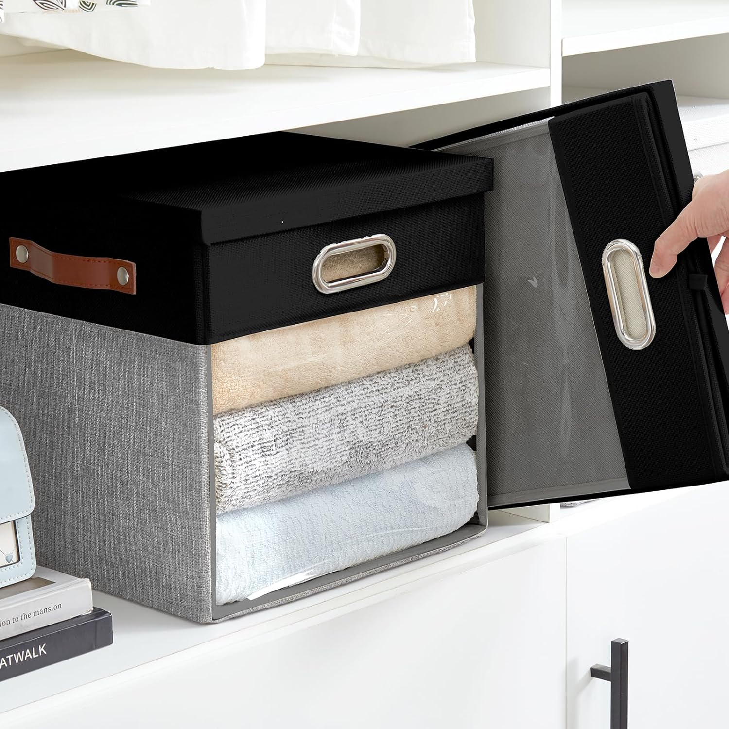 Fabric Storage Cubes with Clear Windows and Lids, 13'' Foldable Storage Bins with 3 Handles, Decorative Storage Boxes for Home, Bedroom, Closet, Office (Black&Gray)