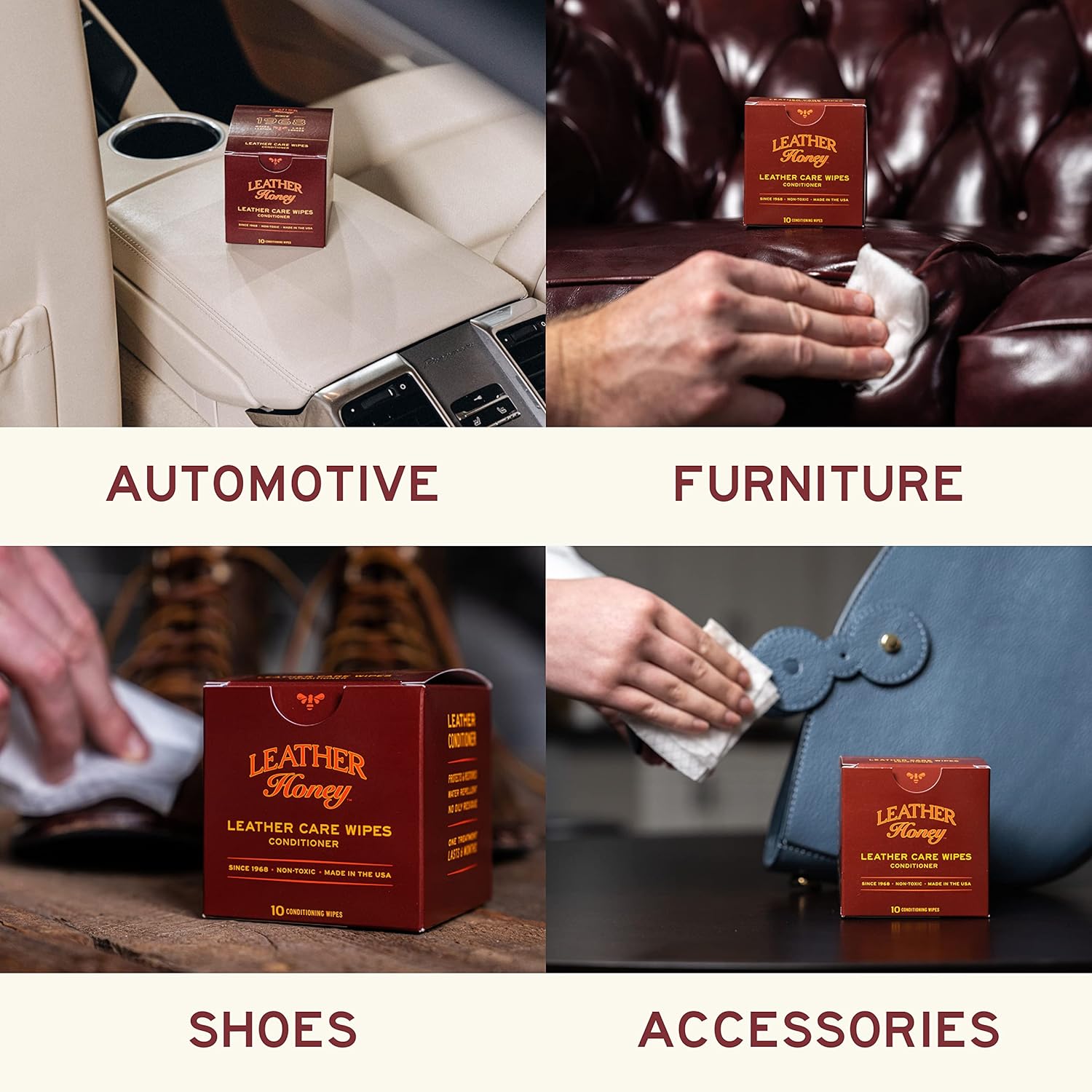 Leather Honey Conditioner Wipes: Restore Leather On-The-Go. Protect & Condition Any Color of Leather Couches, Car Seats, Purses, Shoes, Bags & Tack. Made in the USA! 10 Non-Toxic, Ready-to-Use Wipes
