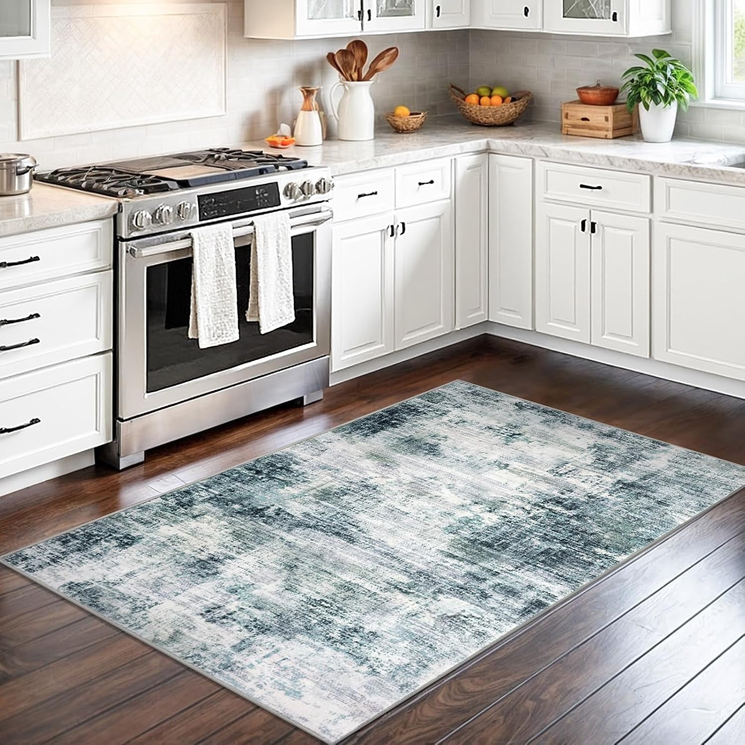 IOHOUZE Abstract Area Rug 3x5 Ft Washable Rugs for Entryway Indoor, Non Slip Kitchen Rug Printed Faux Wool Throw Rugs with Rubber Backing, Indoor Door Mat for Entrance Foyer Living Room, Sage Grey