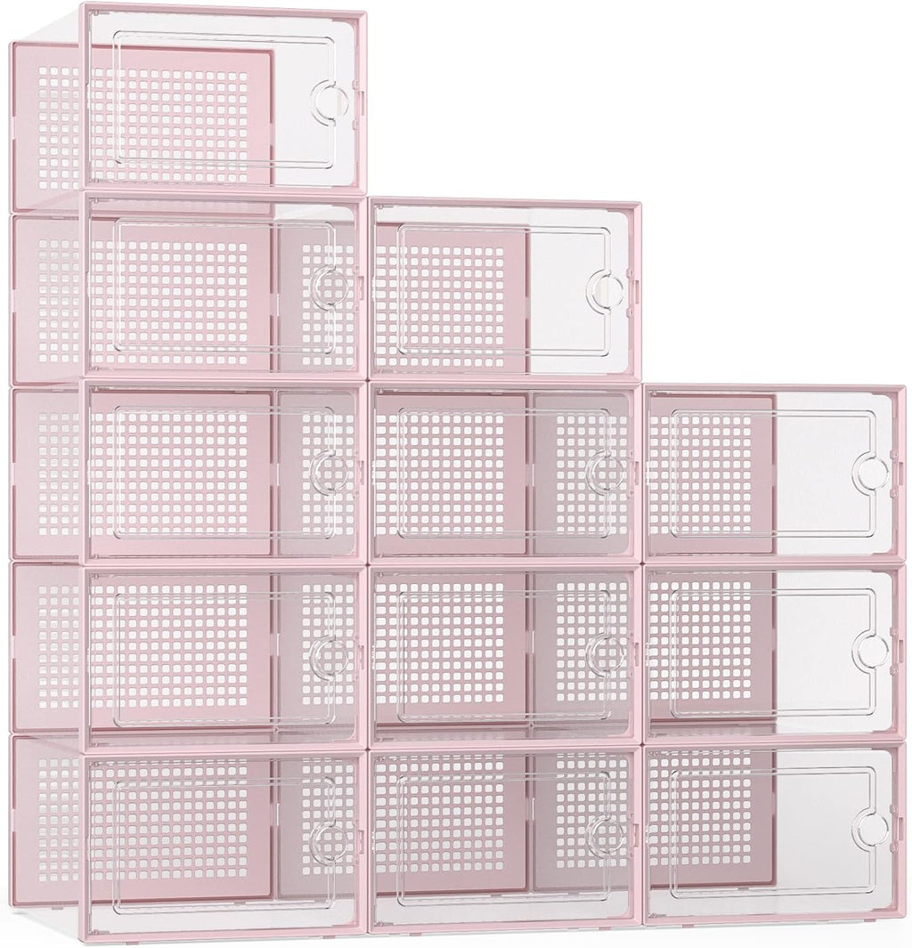 Kuject X-Large Shoe Storage Boxes Organizers Clear Plastic Stackable 12 Pack, Shoe Rack & Holder Substitute, Sneaker Containers, Toy Storage Organizer Bins for Entryway, Closet, Under Bed, Pink