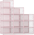 Kuject X-Large Shoe Storage Boxes Organizers Clear Plastic Stackable 12 Pack, Shoe Rack & Holder Substitute, Sneaker Containers, Toy Storage Organizer Bins for Entryway, Closet, Under Bed, Pink