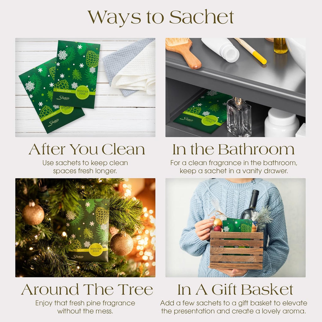 Simplicity Scents Winter Pine Scented Sachets Pack of 6, Fall & Winter - Long-Lasting Scented Bags, Home Fragrance, Air Freshener & Deodorizer for Closet, Room, Drawer, or Cars, Made in USA