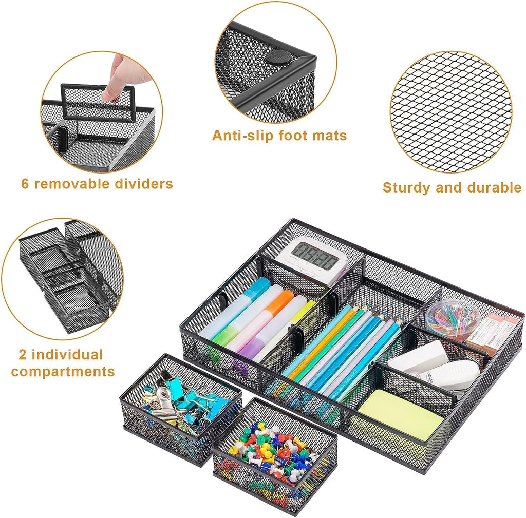 Marbrasse 3 Pack Desk Drawer Organizers with 9 Adjustable Compartments for Makeup, Office Supplies & Accessories (Black)
