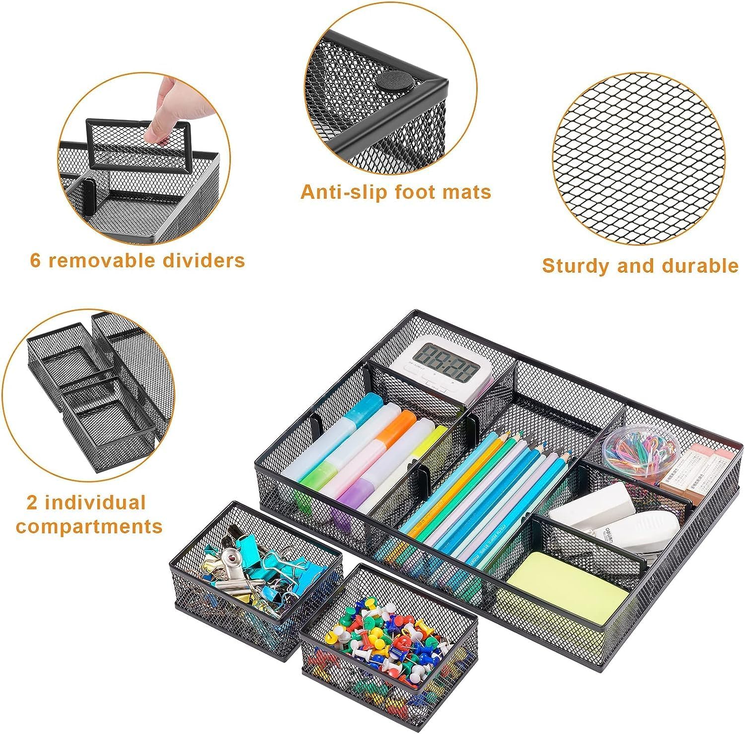 Marbrasse 3 Pack Desk Drawer Organizers with 9 Adjustable Compartments for Makeup, Office Supplies & Accessories (Black)
