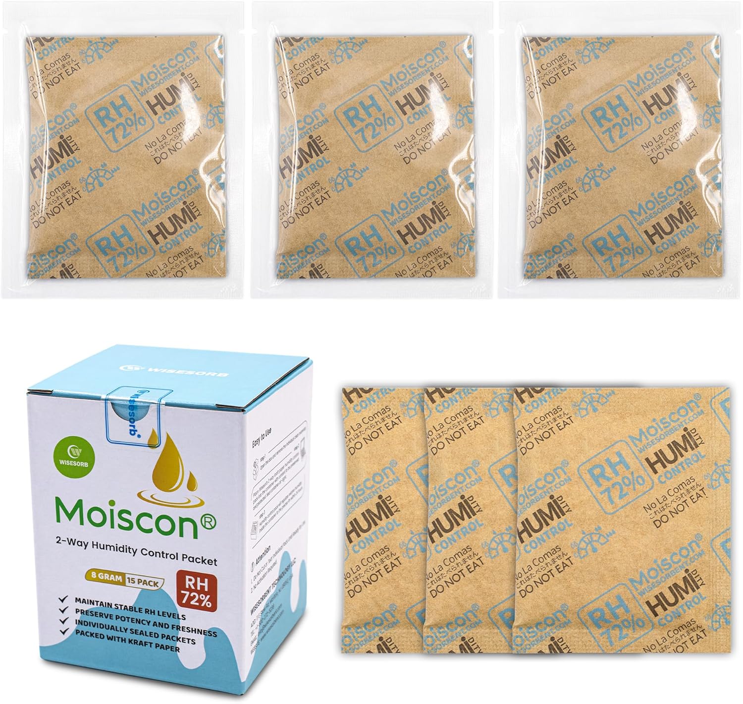 72% Two-Way Humidity Control Packs- 8 Gram Moisture Absorbers for Herbs, Wood Humidifier Boxes - Natural Craft Paper Design, Individually Sealed Packets, Prevents Leaks [60 Pack]