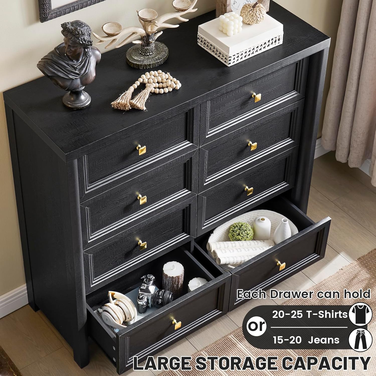 Farmhouse Dresser for Bedroom, 41" Tall Black Dresser with 8 Drawers, Soide Rustic Wood Vintage Dressers Chest of Drawers for Bedroom, Living Room, Hallway