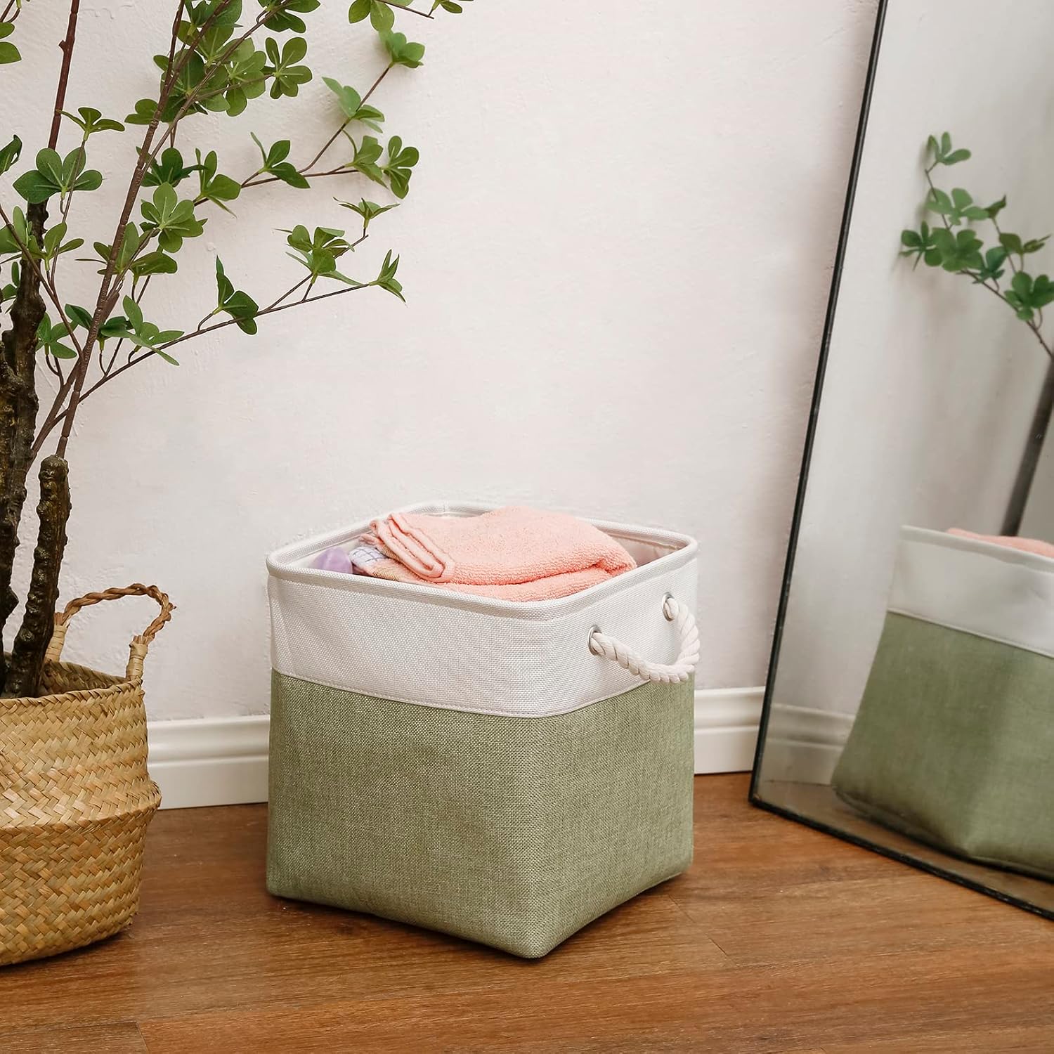 Cube Storage Bins, Collapsible Fabric Storage Cubes Bins, 11 Inch Cube Storage Bins with Handles, Foldable Storage Cubes (White/Green, 6Pack)