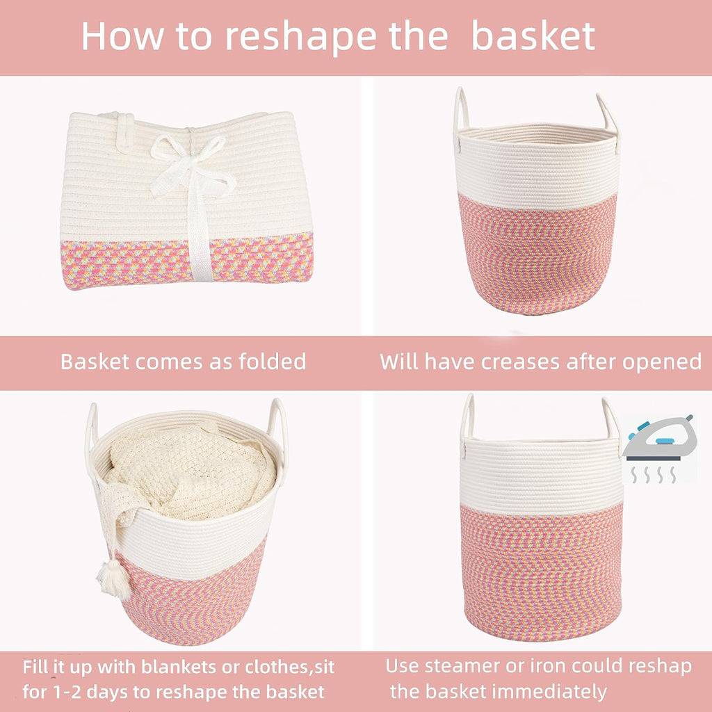 Cotton Rope Laundry Basket Hamper for Clothes Woven Storage Basket for Living Room Bedroom Boho Tall Rope Baskets for Blanket Toys Pillow Towels Baby Nursery Hamper Bin Large (multicolor)