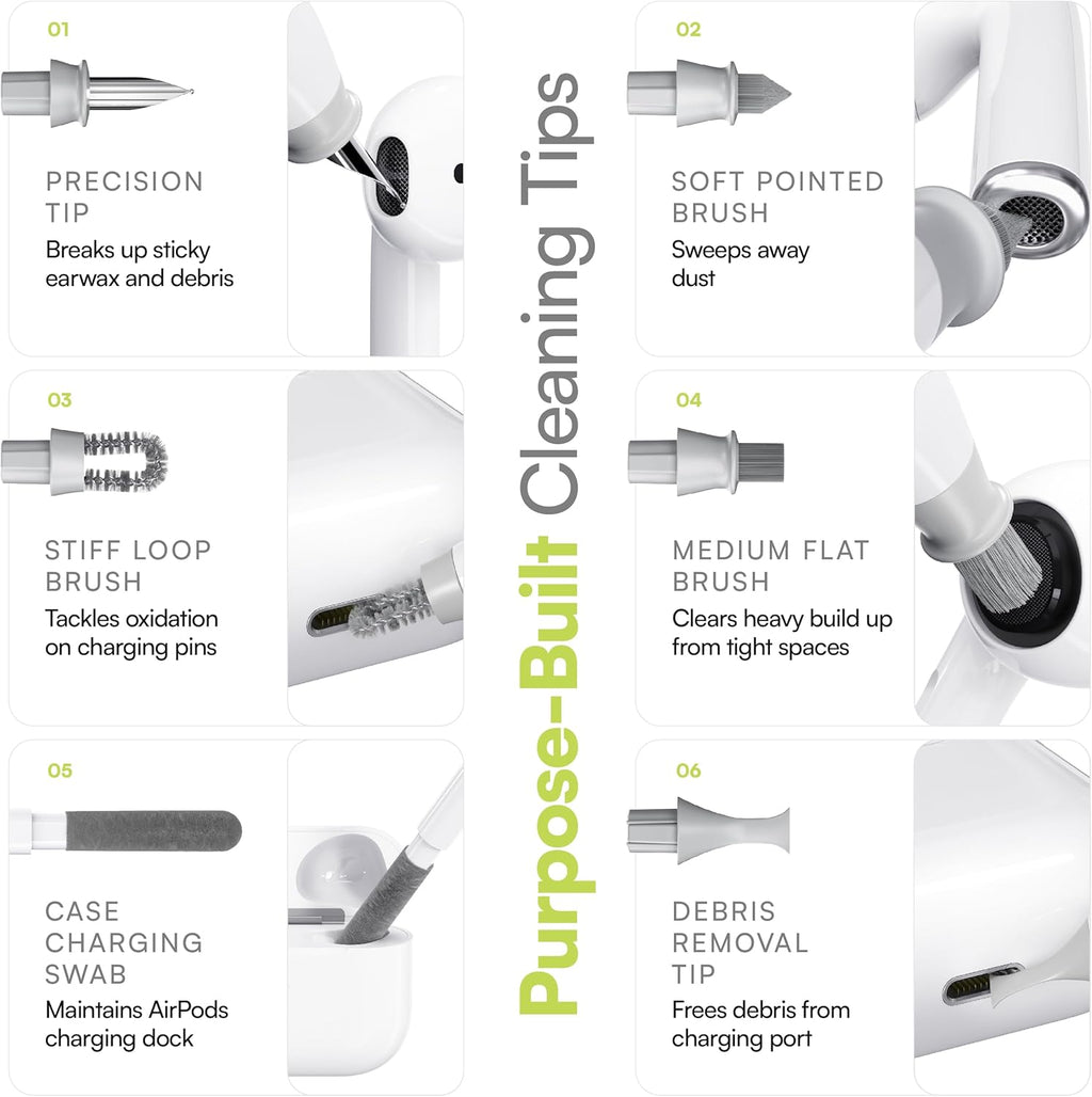 KeyBudz Air Care 2.0 AirPods Cleaning Kit - Patented Multi-Tool Cleaner with Interchangeable Brush Tips for AirPods, iPhone and Apple Devices with Sticky Squares Putty, Hard Case and Travel Pouch