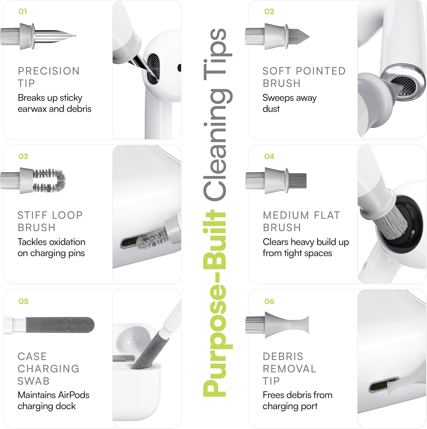 KeyBudz Air Care 2.0 AirPods Cleaning Kit - Patented Multi-Tool Cleaner with Interchangeable Brush Tips for AirPods, iPhone and Apple Devices with Sticky Squares Putty, Hard Case and Travel Pouch