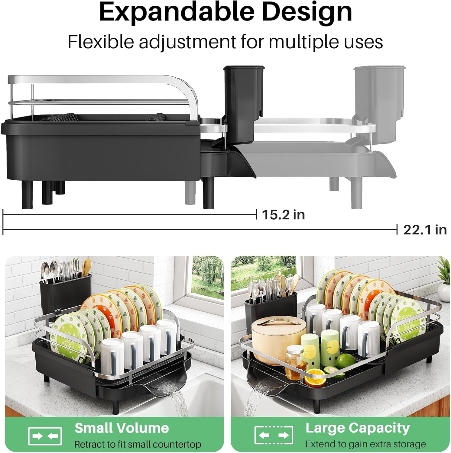 SAYZH Dish Drying Rack - Expandable Dish Rack for Kitchen Counter, Rust-Resistant Dish Drainer with Utensil Holder and Raised Guardrail, Kitchen Organizer for Cup and Bottle (Black)