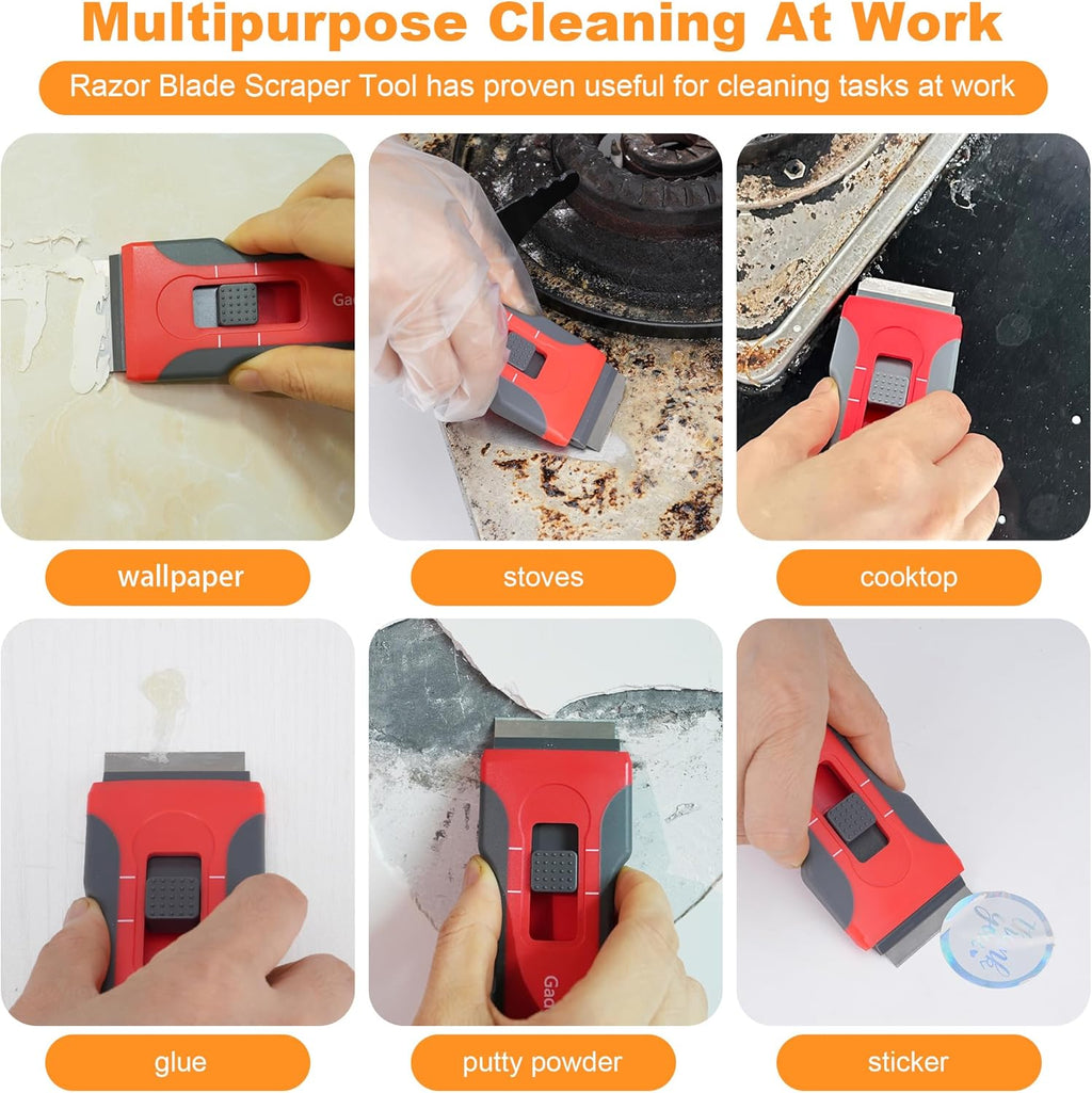 Upgraded Razor Blade Scraper with 10pcs Blades and 3Pcs small wire brushes,Scraper Tool for Cleaning Glass Window, Cooktop, Oven, Stove Scraper, Razor Scraper with Buit-In Blade Storage, Gray