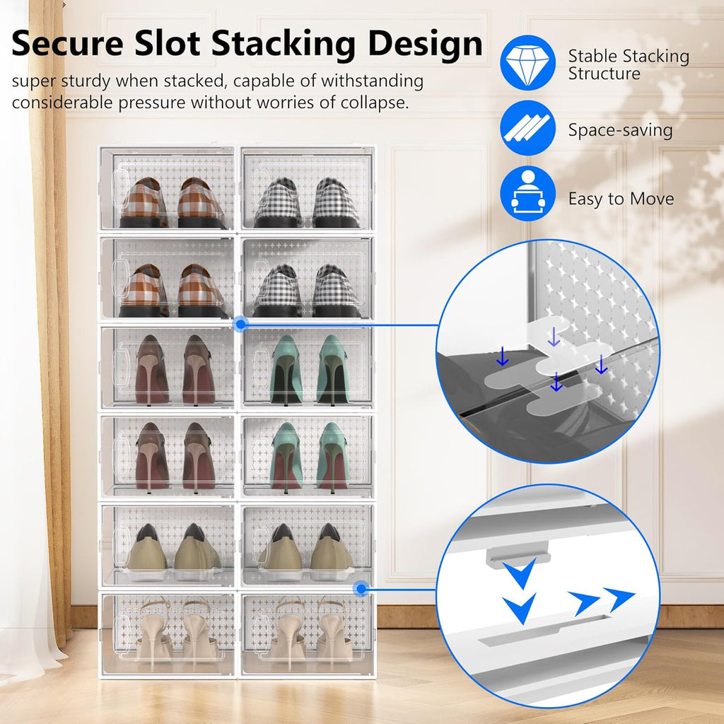 12 Pack X-Large Modular Clear Plastic Stackable Shoe Storage Organizer for Closet, Portable Space Saving Versatile Sneaker Shoe Rack Containers Bins Holders, White0303