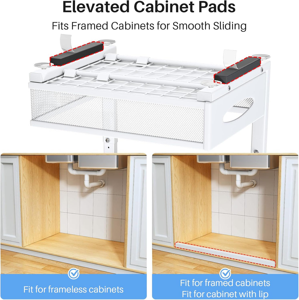 Under Sink Organizer, 2 Pack 2 Tier Pull Out Under Cabinet Organizer Shelf with Pad for Framed Cabinets, Metal Slide Out Under Sink Storage, Mesh Sliding Drawers for Kitchen Bathroom Laundry, White