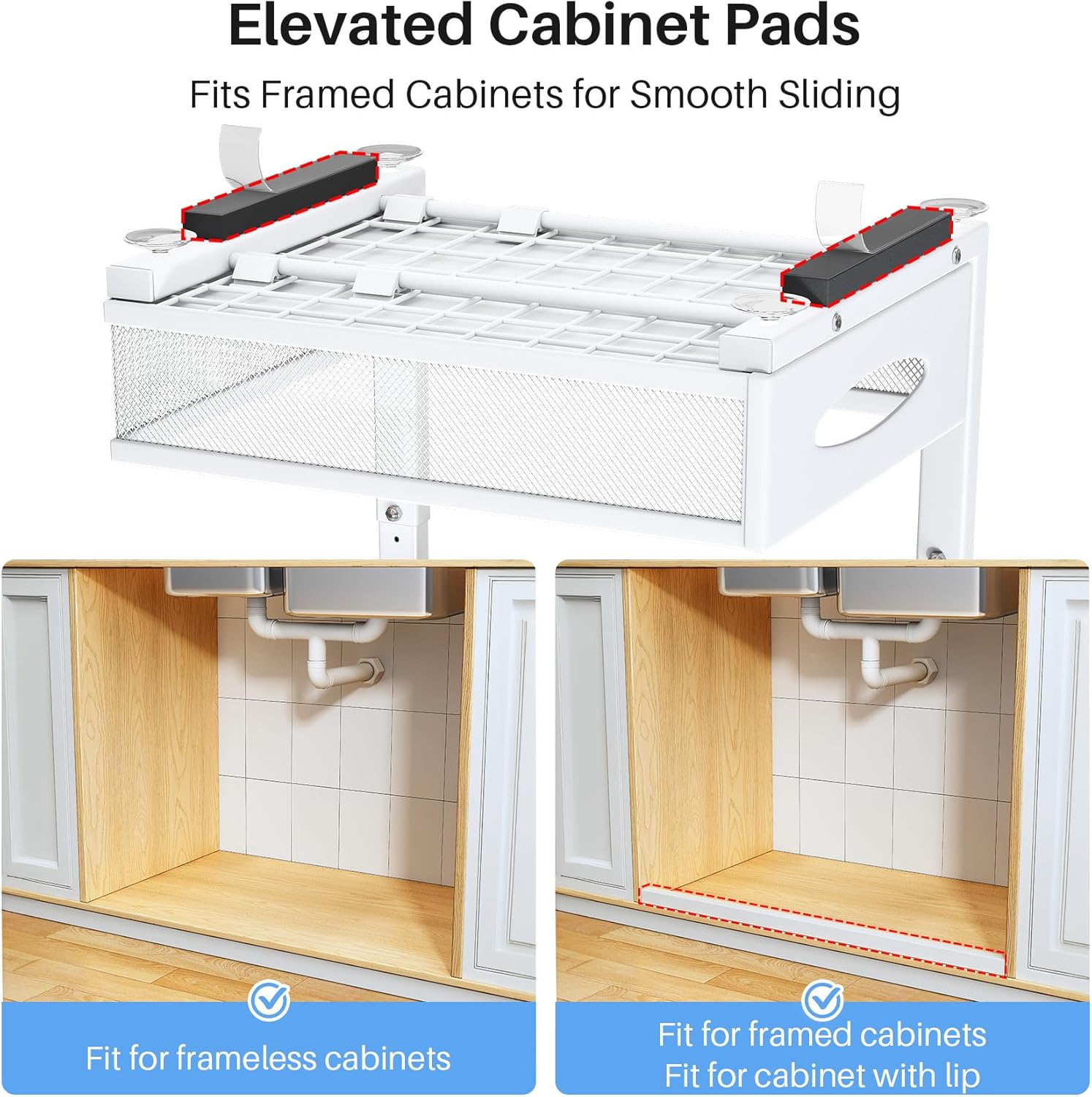 Under Sink Organizer, 2 Pack 2 Tier Pull Out Under Cabinet Organizer Shelf with Pad for Framed Cabinets, Metal Slide Out Under Sink Storage, Mesh Sliding Drawers for Kitchen Bathroom Laundry, White