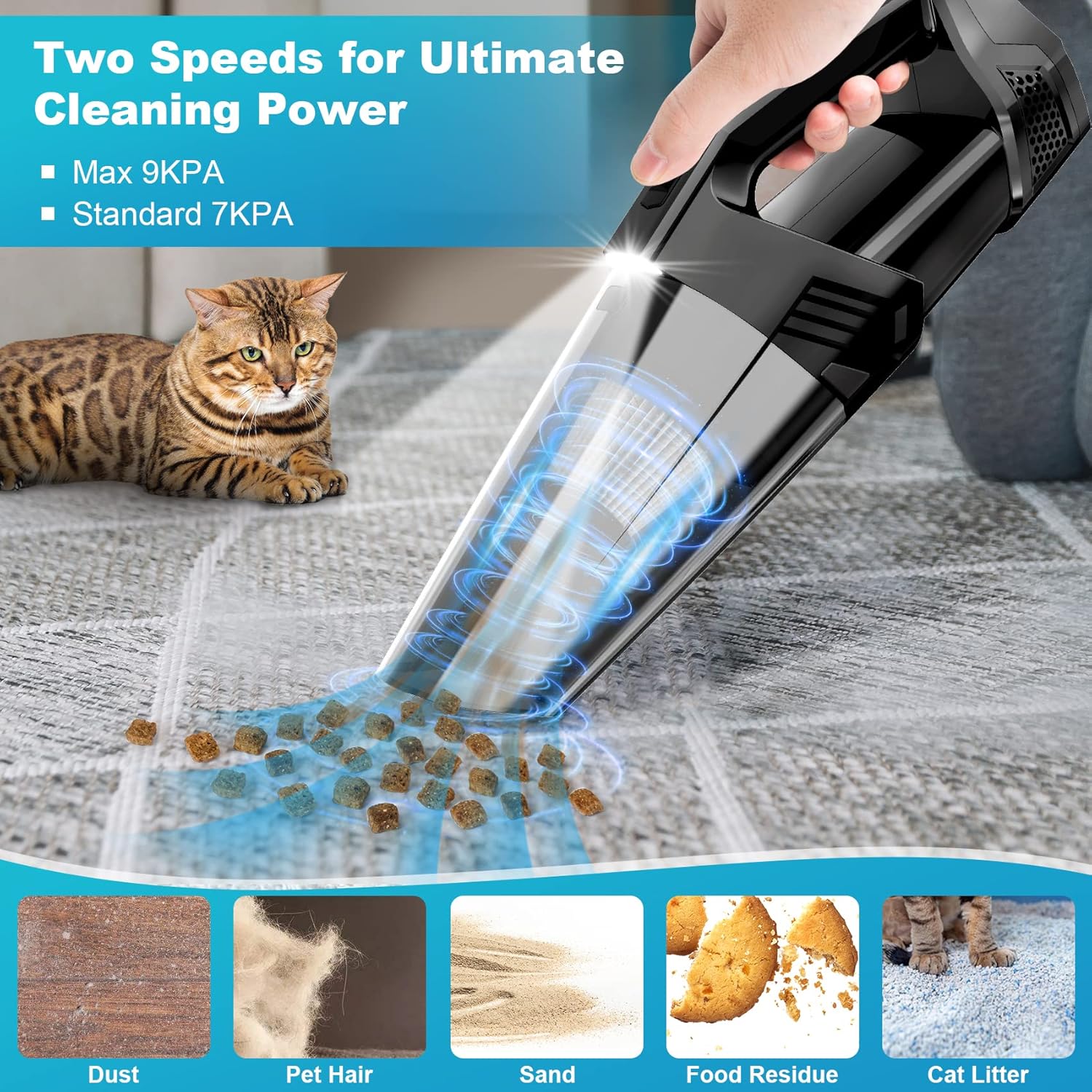 Handheld Vacuum Cordless Portable Car Vacuum with LED Light, High Power Suction, 3 in 1, Lightweight Rechargeable Hand Vacuum, Hand Held Vacuum Cleaner for Car Home Office, Pet Hair, Black