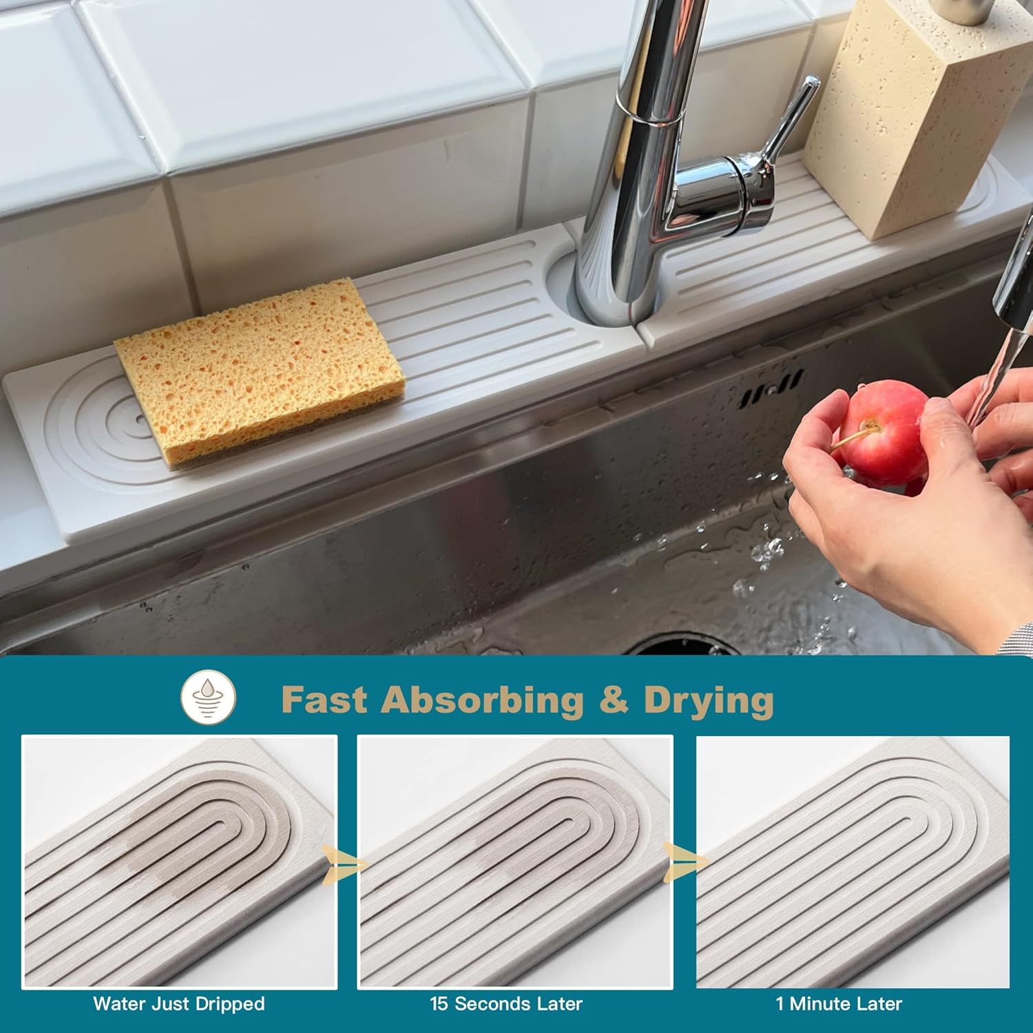 Faucet Mat for Kitchen Sink, Stone Drying Mat for Kitchen Counter, Stone Mat Bathroom, Kitchen Mat, Sink Mat, Water Absorbing Stone Tray for Sink, Bathroom Stone Mat(WHITE, 23.6 * 4")
