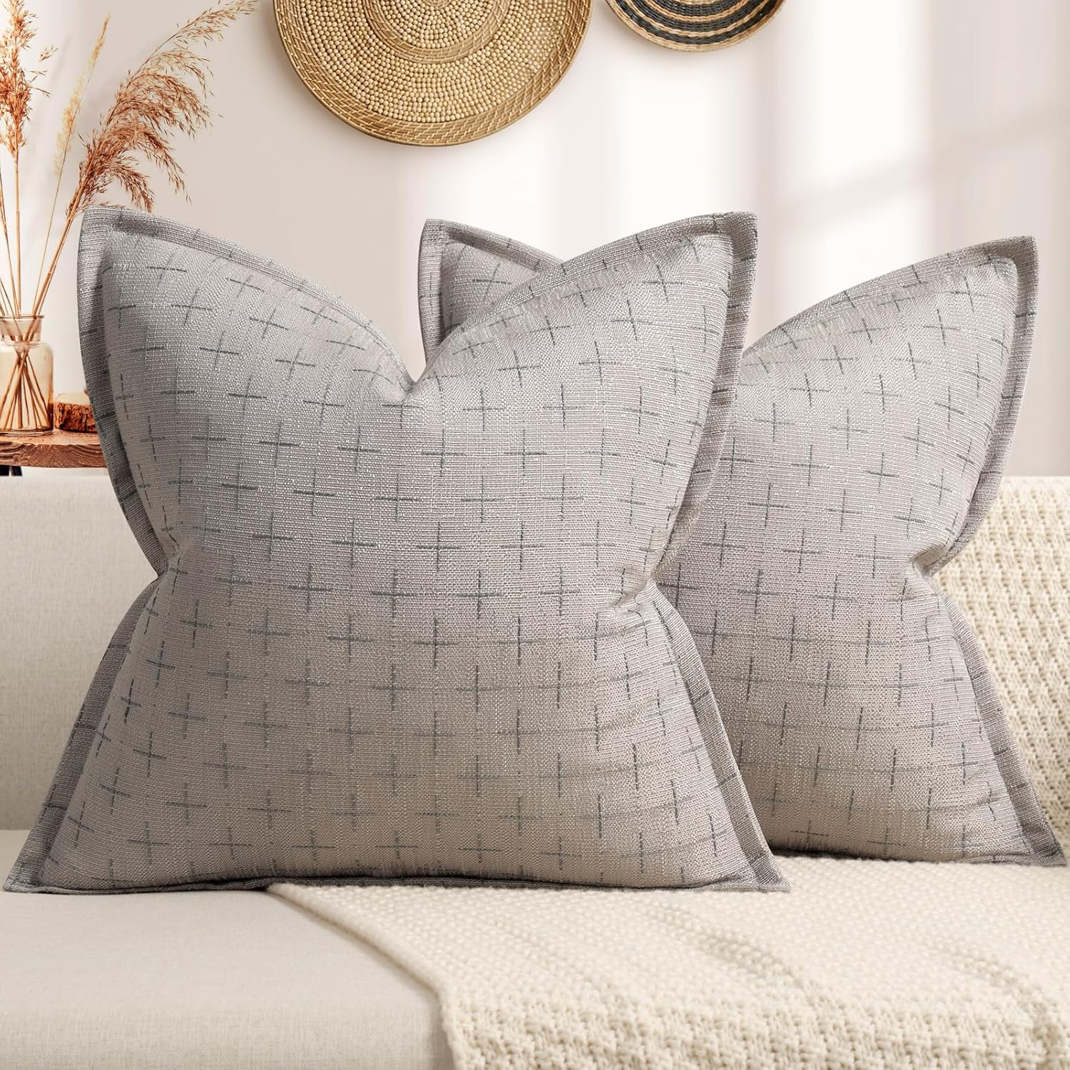 ZWJD Pillow Covers 22x22 Set of 2 Soft Polyester Textured Pillow Covers with Stylish Flange Edge Cozy Farmhouse Throw Pillows for Couch Bed Sofa Living Room