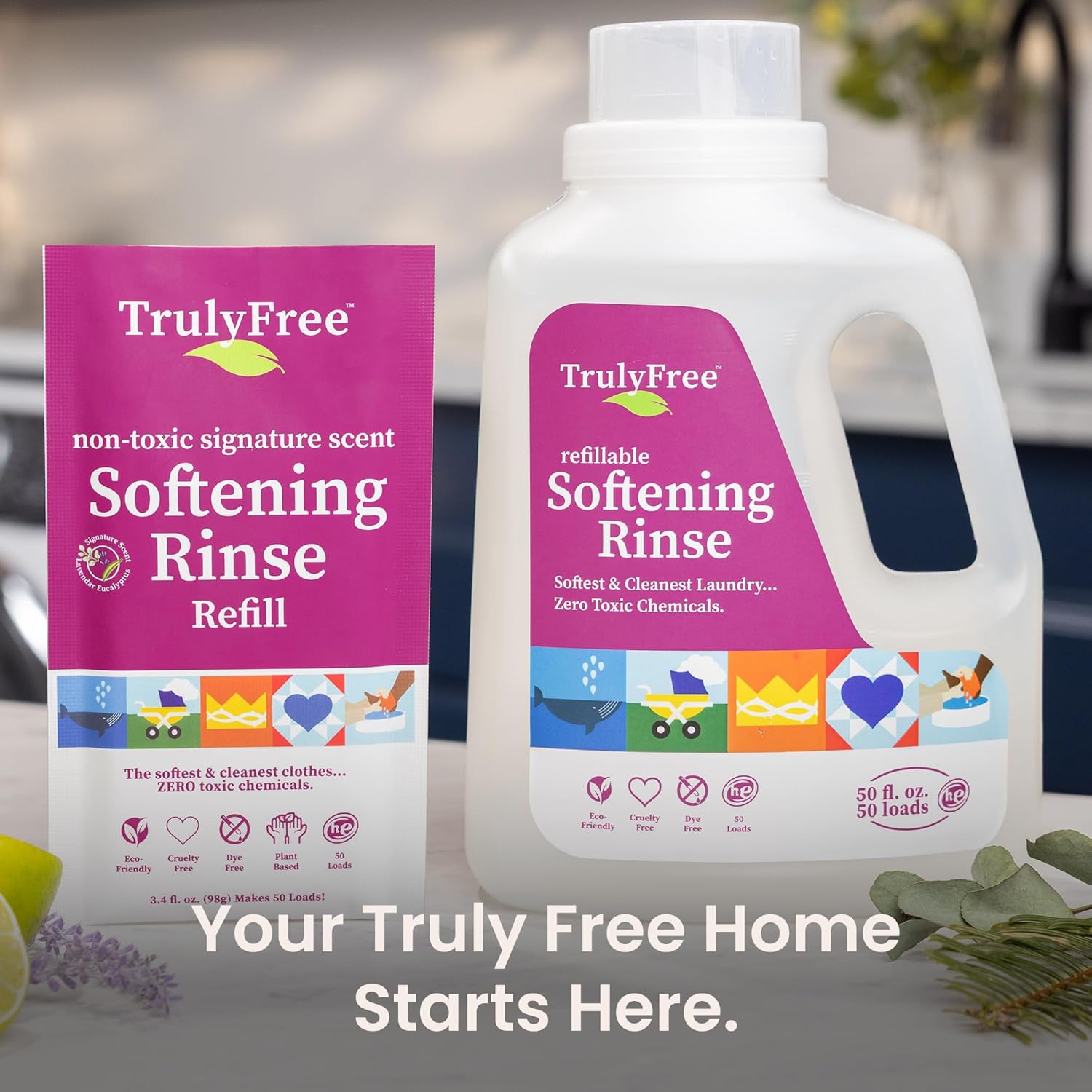 Truly Free Natural Fabric Softener for Sensitive Skin, Baby, Kids | Clean Easy Powder to Liquid Laundry Softener | Lavender Eucalyptus, Septic Safe | 1 Pack Fabric Softner + 1 Refillable Jug, 50 Loads