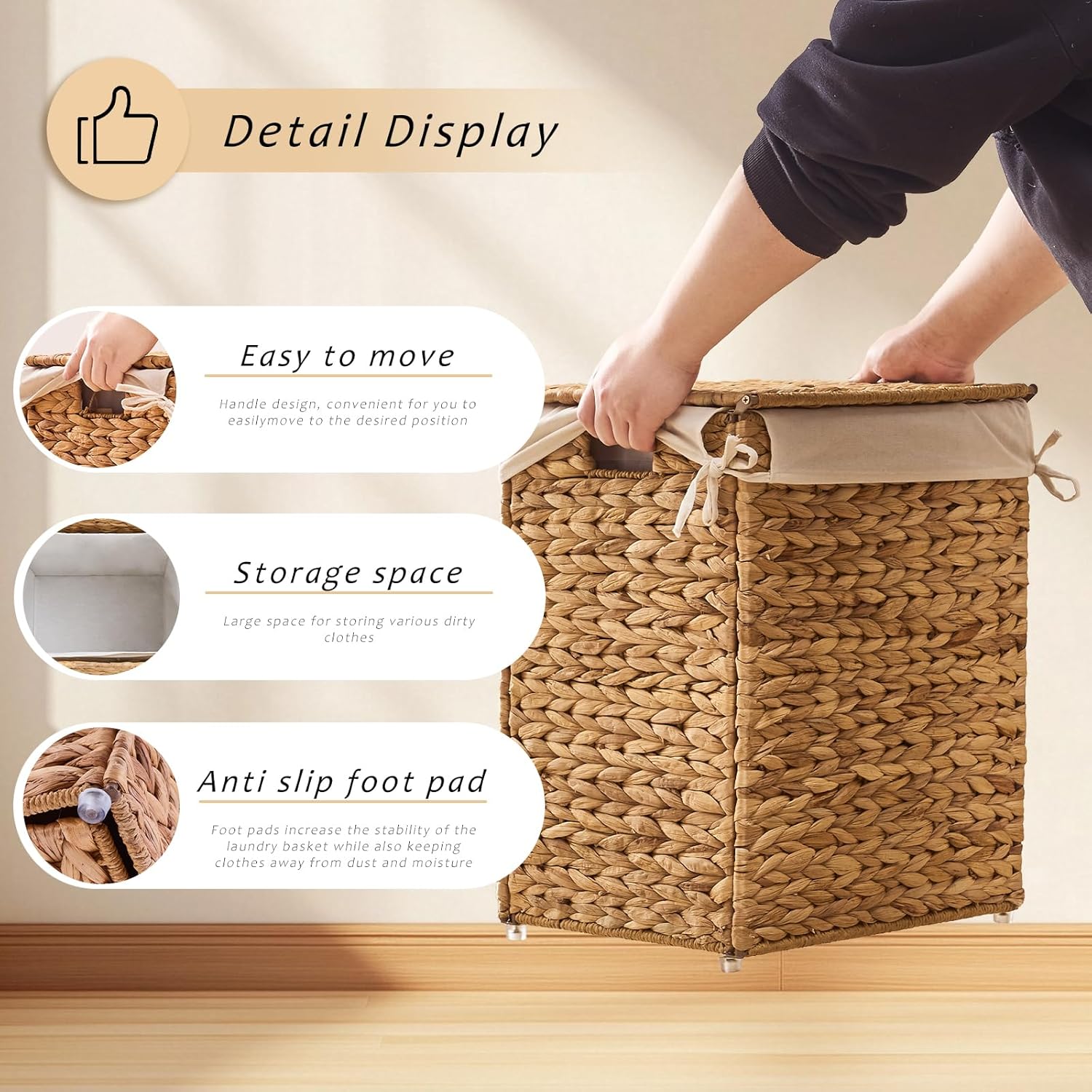 Handwoven Laundry Basket with Lid, Natural Water Hyacinth Storage Basket with Handle, Removable Cotton Liner, Durable and Stylish for Bedroom, Bathroom, Laundry Room