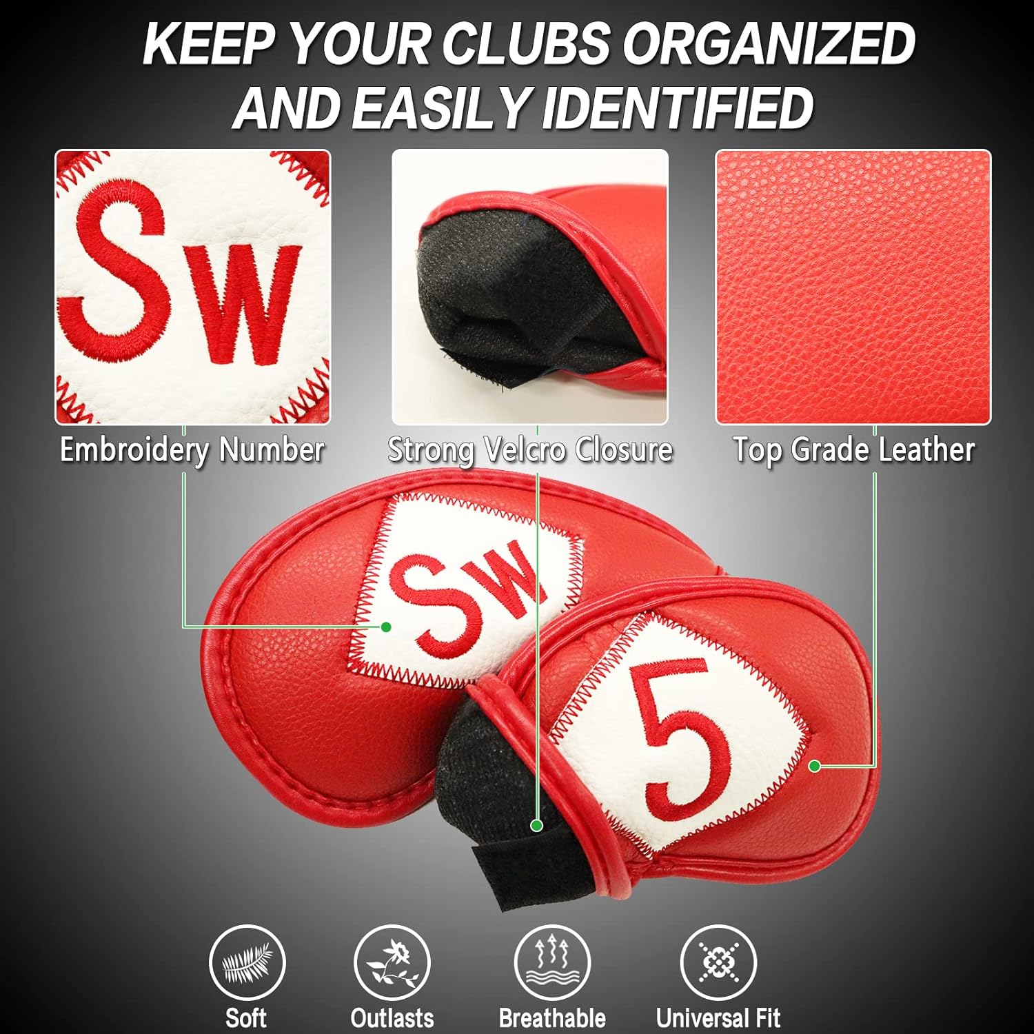 FINGER TEN Premium Synthetic Leather Stylish Iron & Wedge Golf Head Covers Value 12 Piece Set, Embroidered Labels & Fits Most Clubs Gift Set, Travel Protection Accessories