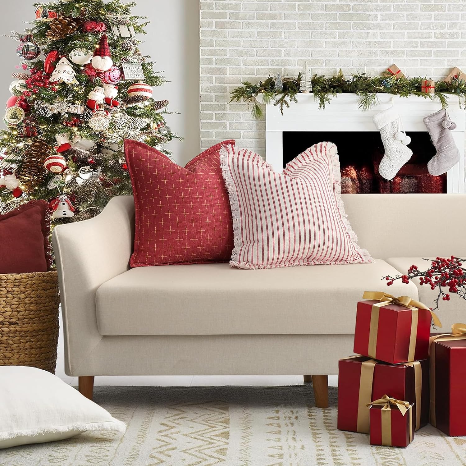 ZWJD Christmas Pillow Covers 16x16 Set of 2 Soft Polyester Textured Pillows with Stylish Flange Edge Cozy Farmhouse Christmas Decor for Couch Bed Sofa Living Room (Red)