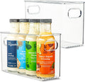 Plastic Food Storage 2 Pack Clear Container Bin with Handles for Organizing Kitchen, Pantry, Refrigerator, Freezer, Pantry, Cabinet, Closet, Bathroom. 10”x4”x6”