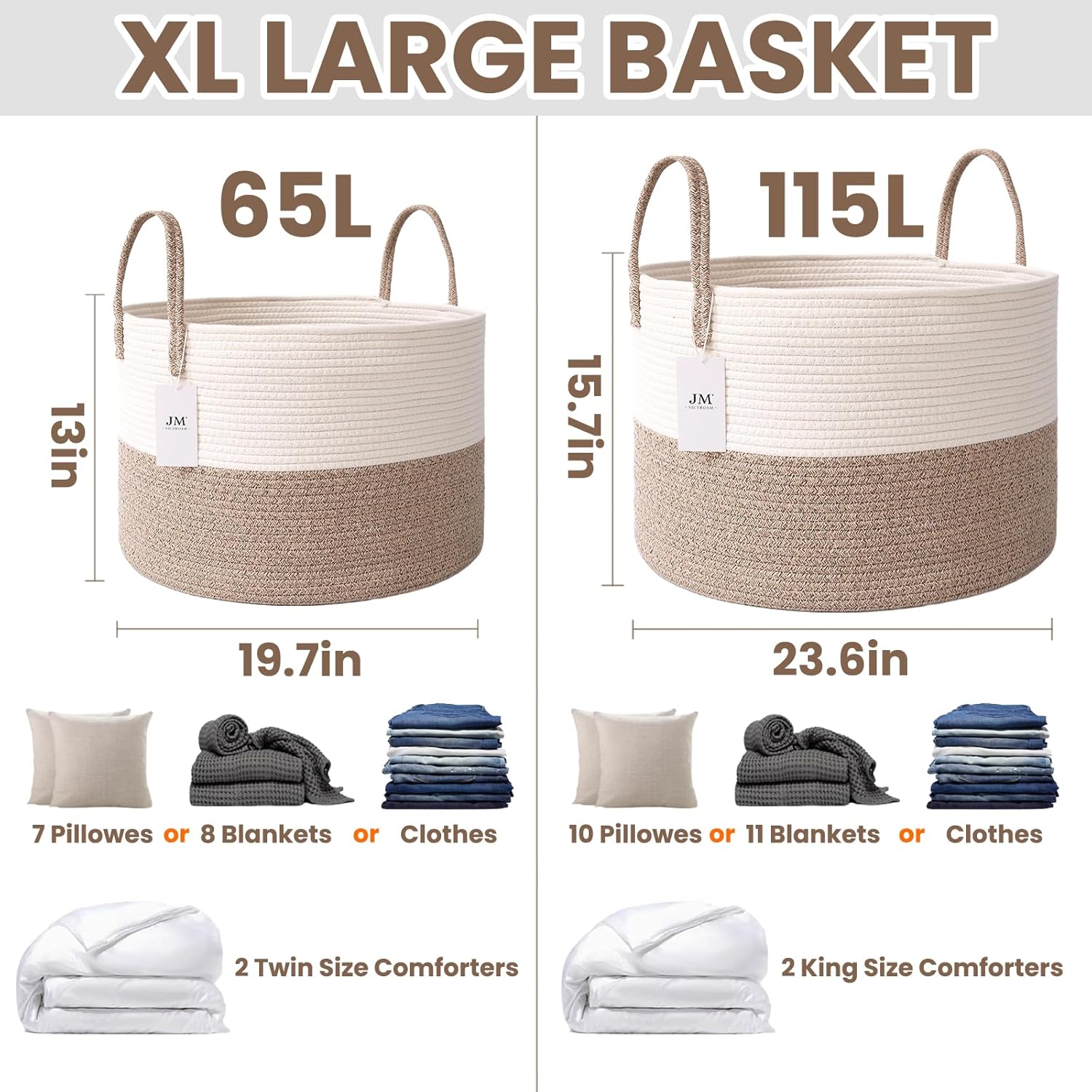 Woven Blanket Basket,65L Large Rope Storage Bin with Handles, Organizer for Blankets Toys Book and Clothes, Laundry Basket for Living Room Bedroom Nursery,White&Brown