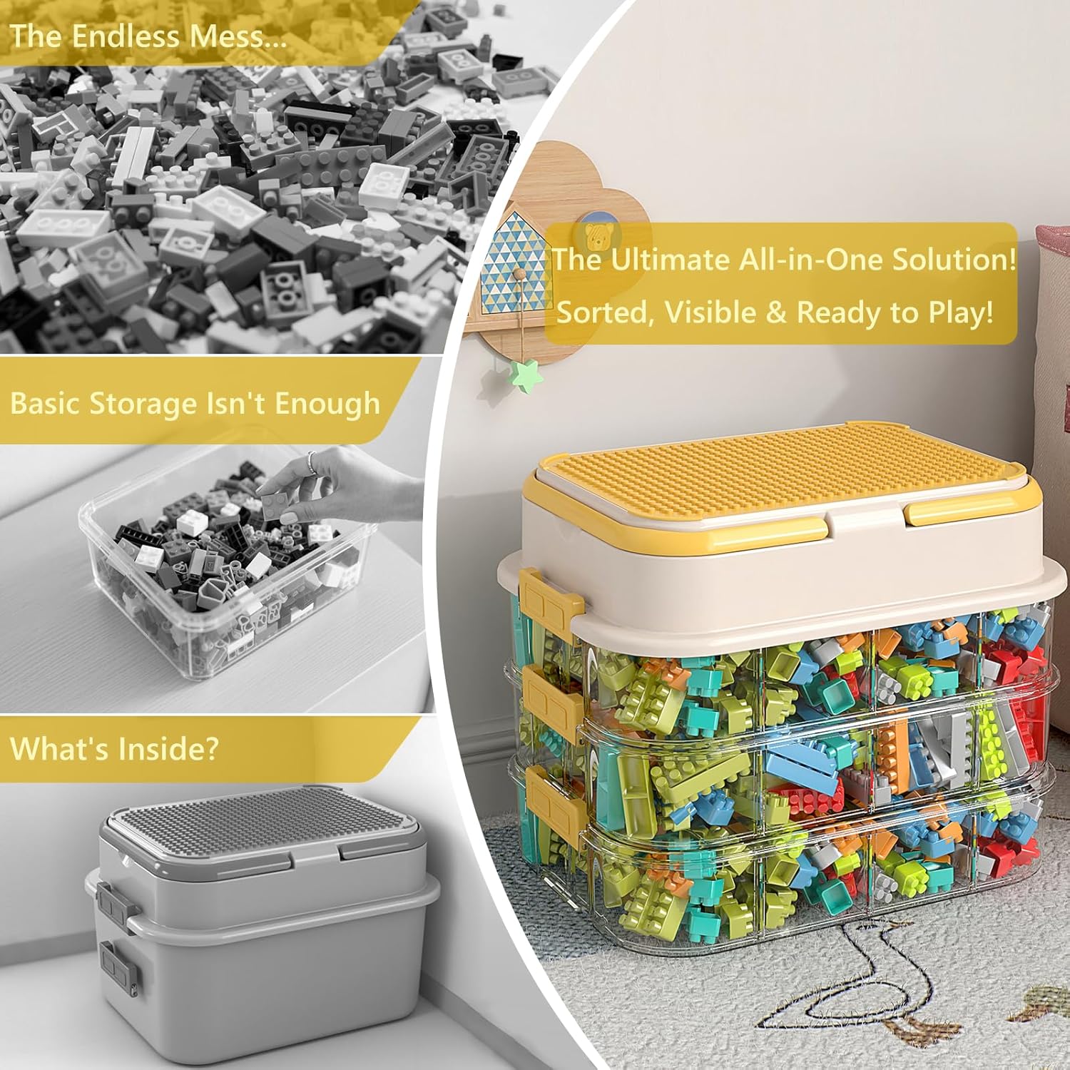 Toy Storage Organizer Box with Handle, Stackable Building Block Toy Box with Building Plate Lid & Removable Sorting Trays, Cubby Bins and Containers 1 Layer (Lemon)